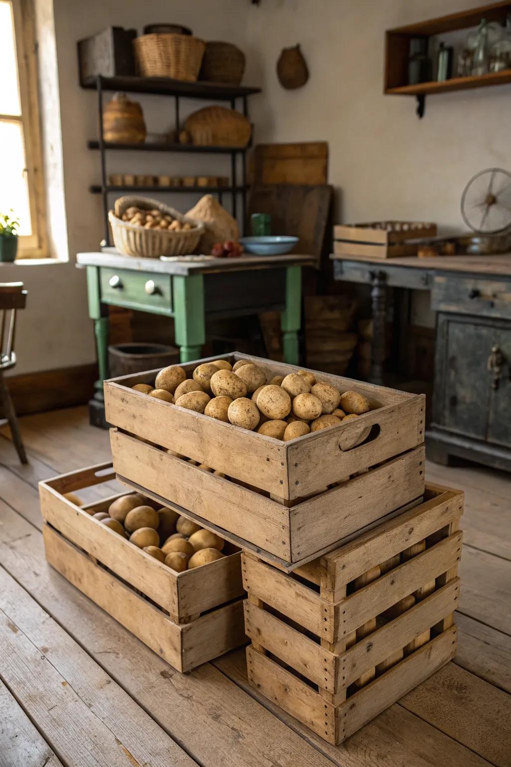 Stacked wood boxes evoke farmhouse style and provide useful storage for root vegetables.