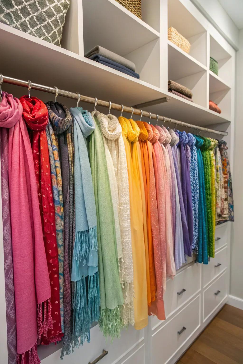 A hanging scarf organizer infuses color and order into your closet.
