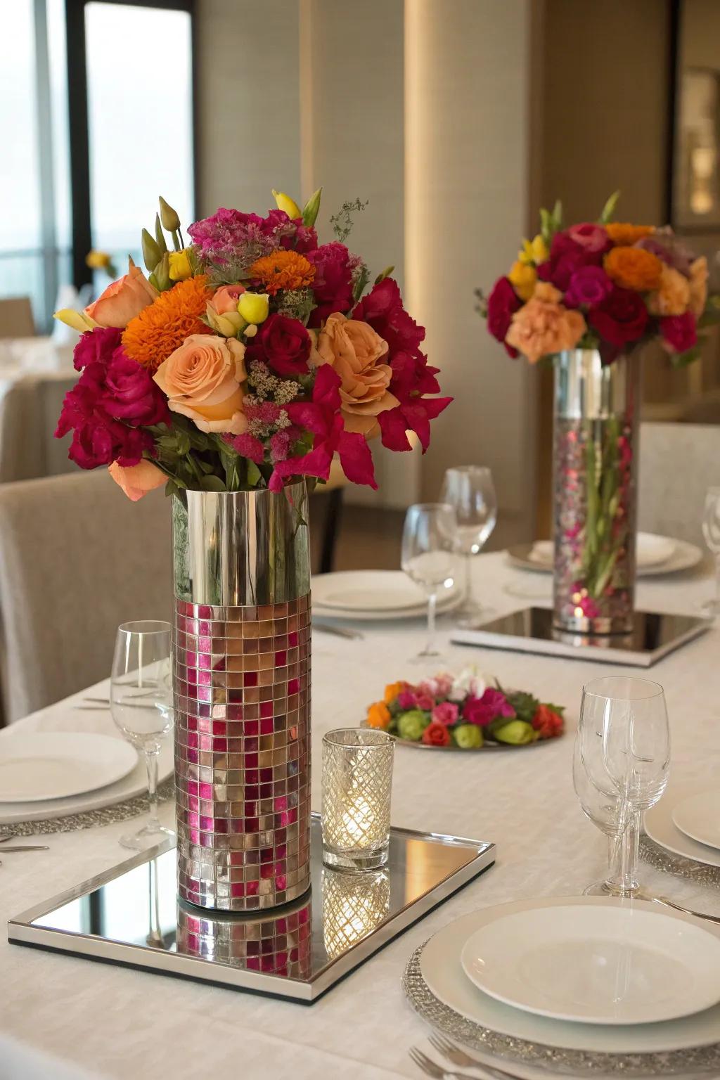 Reflective bases arranged beneath clear vases to contribute an elegant aspect by capturing and playing with light.