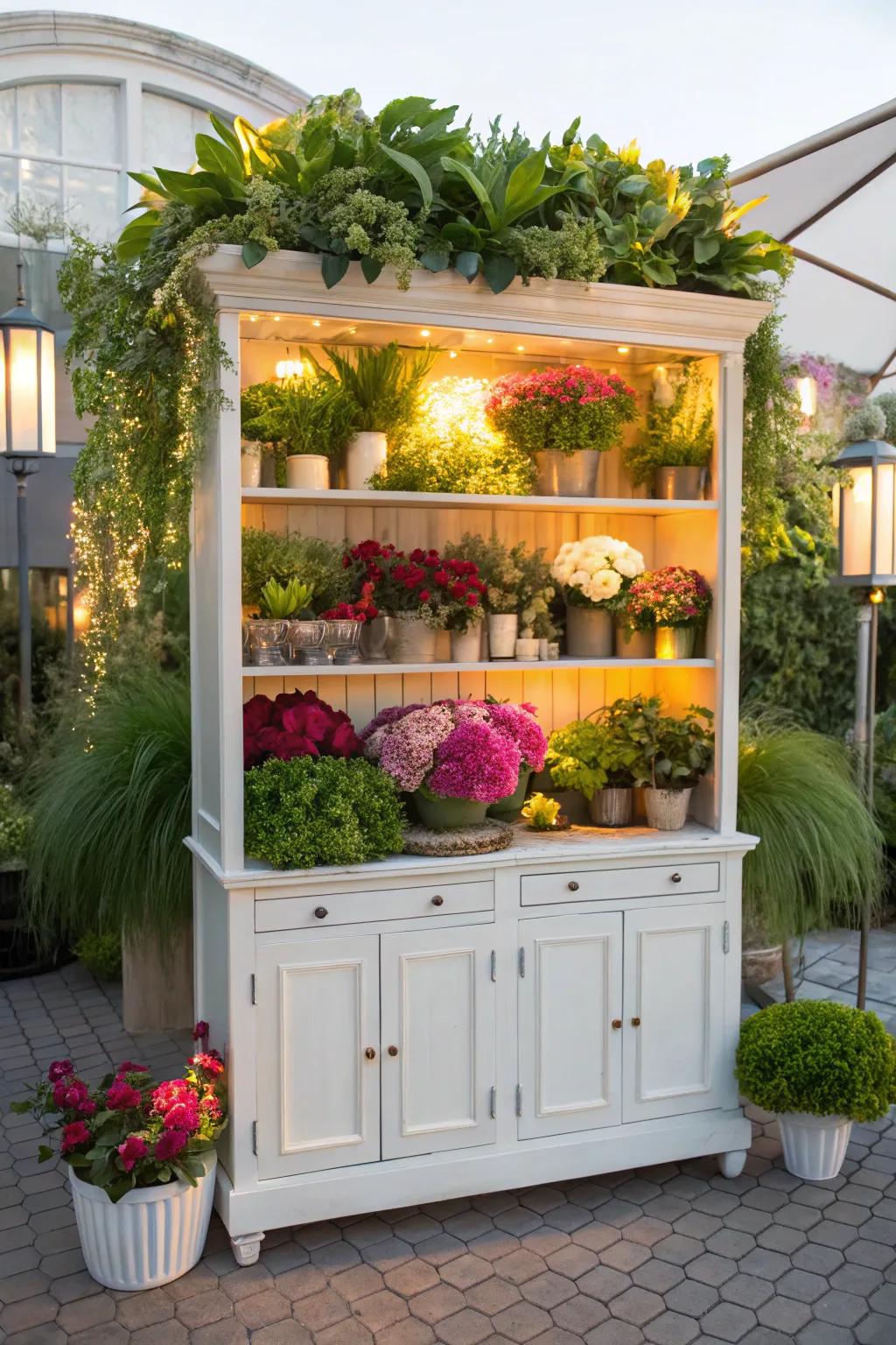 Lush greenery and flowers invigorate this refined hutch.