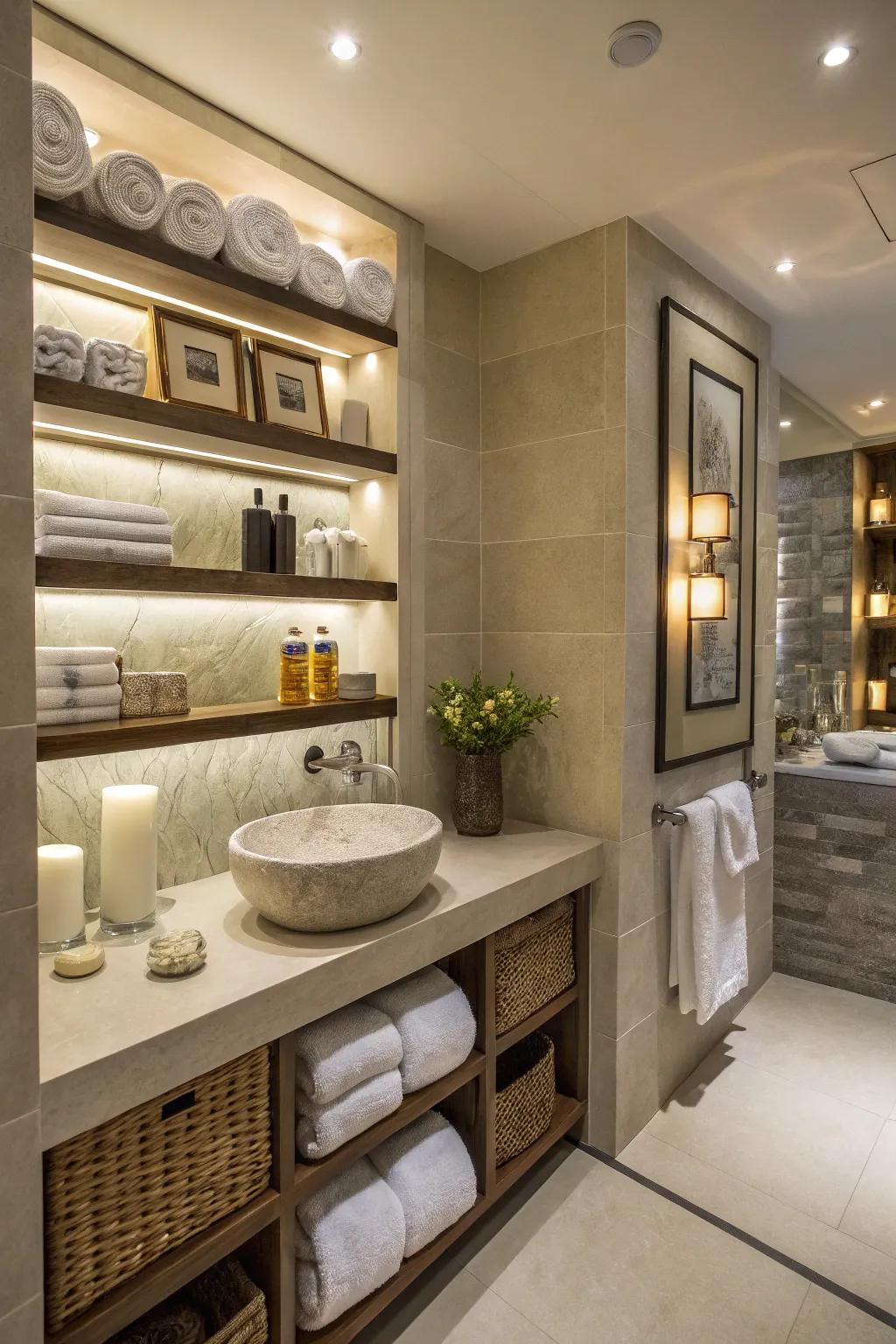 Create a peaceful, spa-like restroom with well-organized recessed shelves.