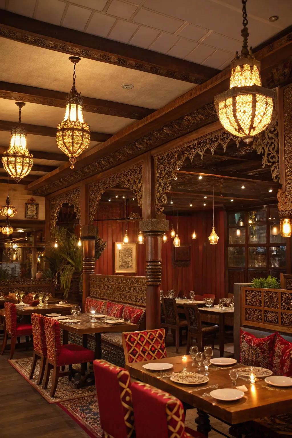 Indian restaurant featuring warm chandeliers and pendant lighting.