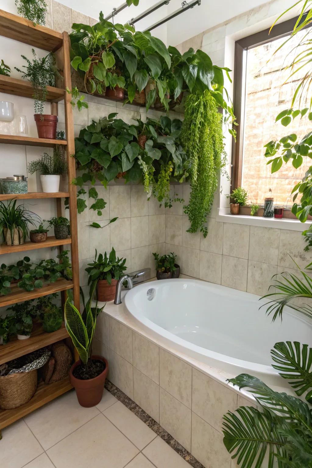 Design a serene bathroom escape with greenery.