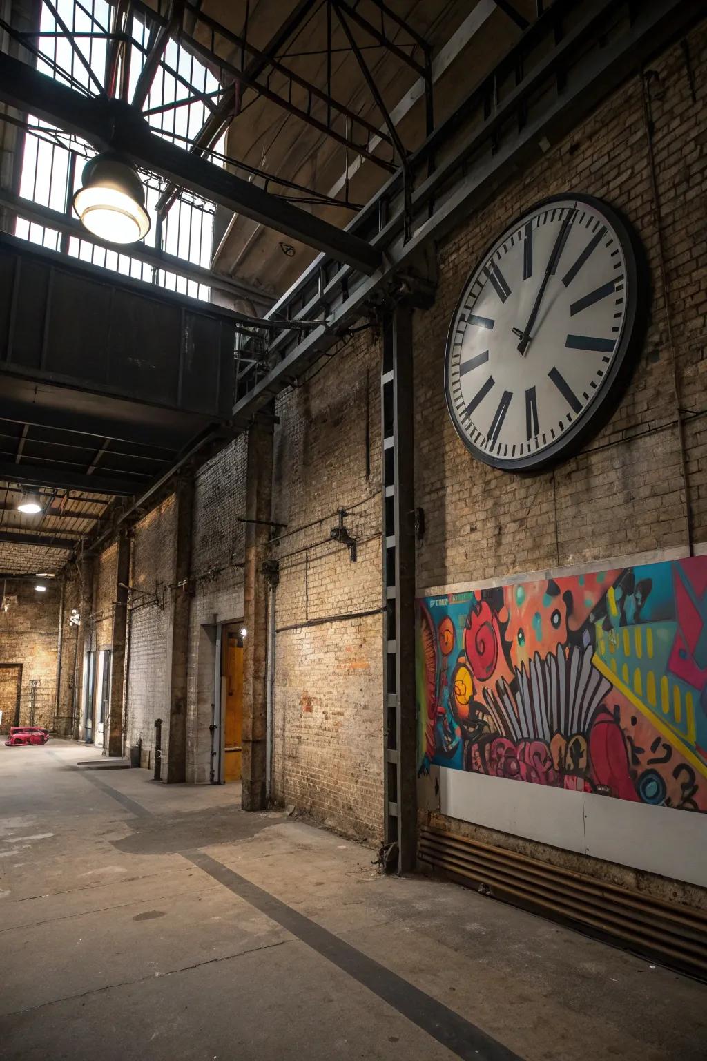 Large clocks and art as focal points.
