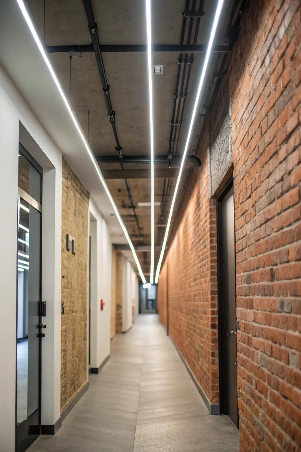 An urban loft-style hallway enhanced by linear LED lighting