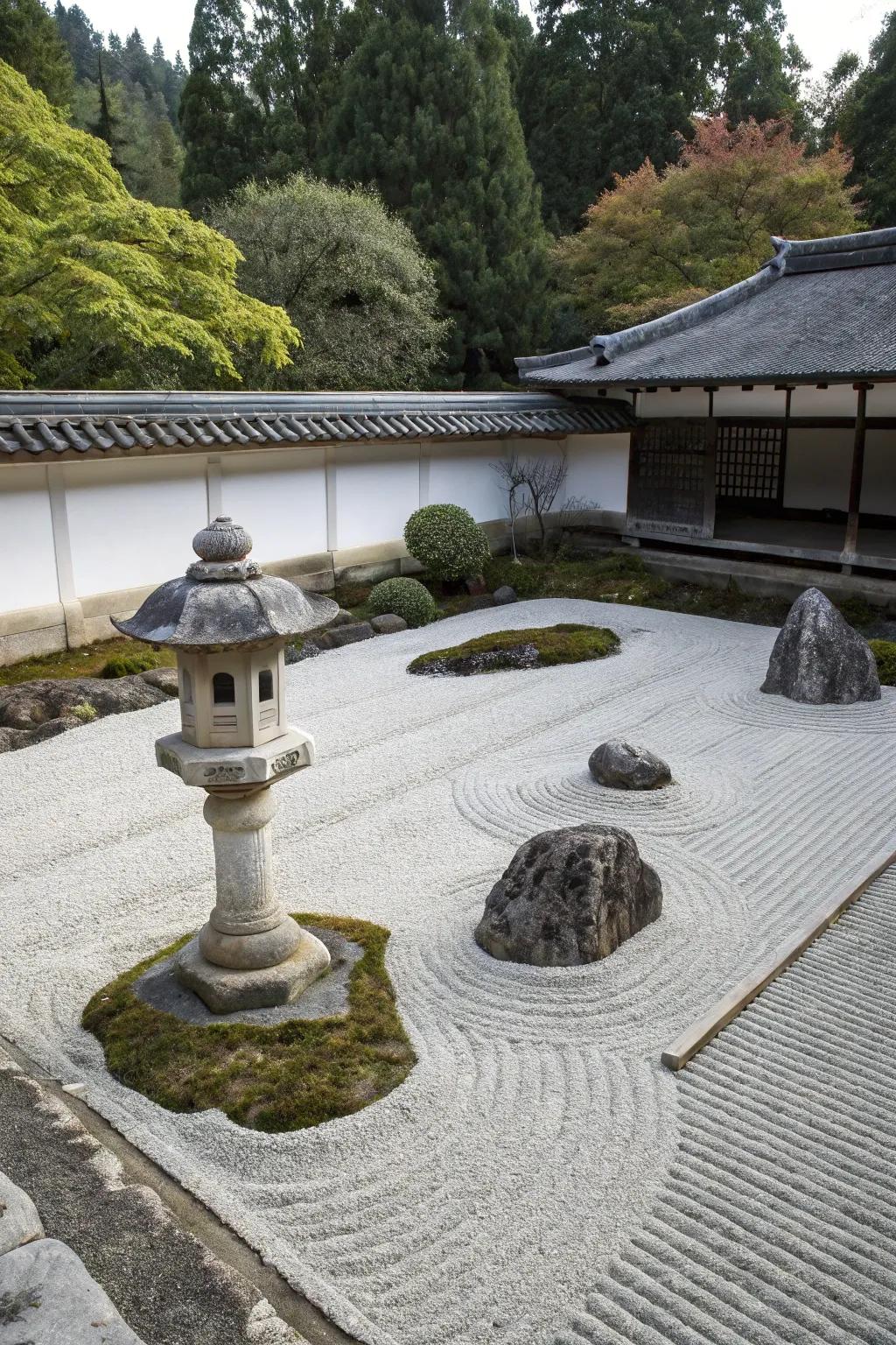 A Zen garden featuring raked gravel and minimalist elements.