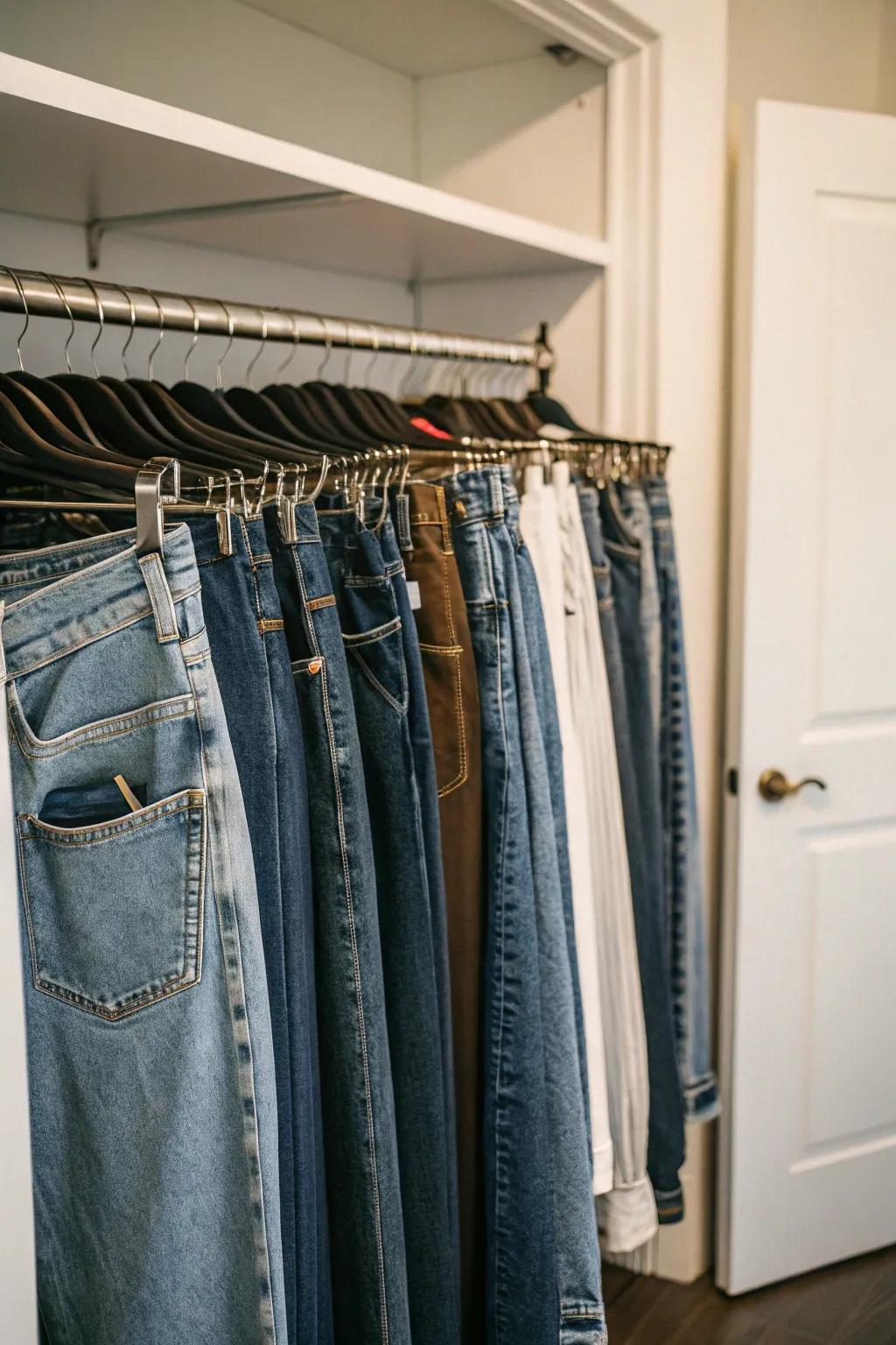 Employ clip hangers to keep jeans crease-free.