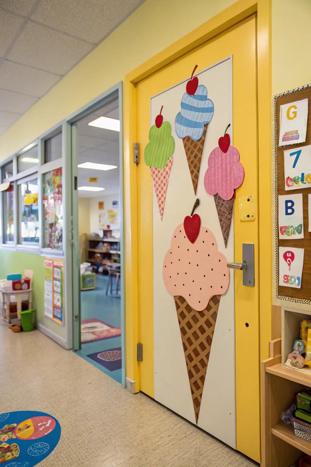 A kindergarten door adorned with playful ice cream cone designs.