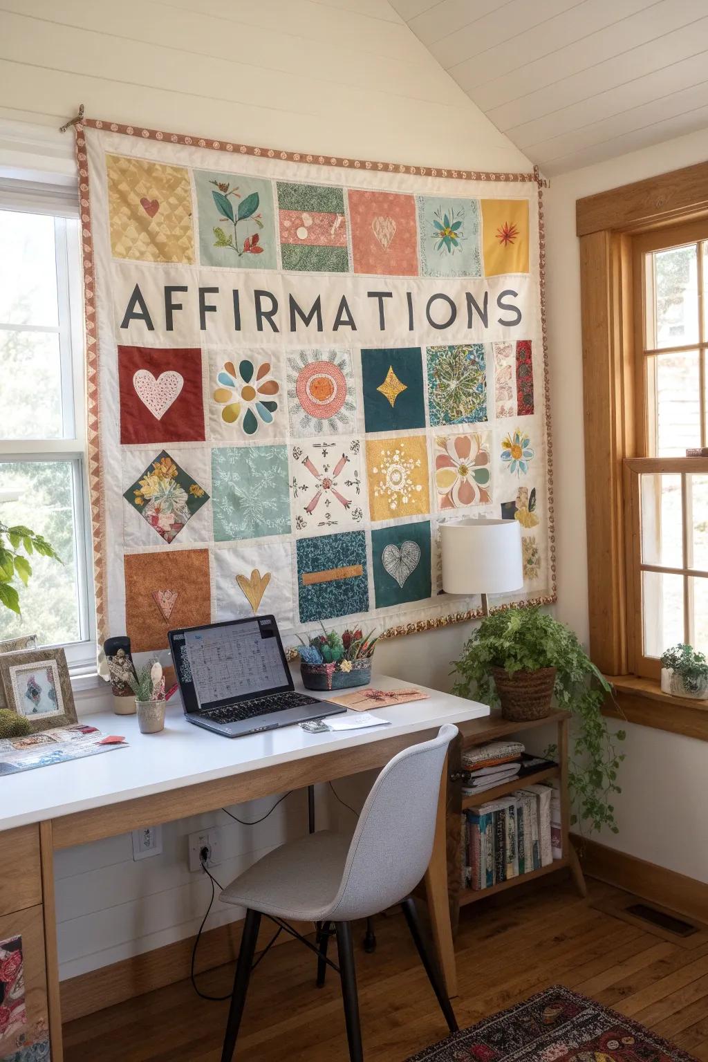 A cozy home office showcases a kindness quilt, adorned with uplifting squares and personal affirmations.
