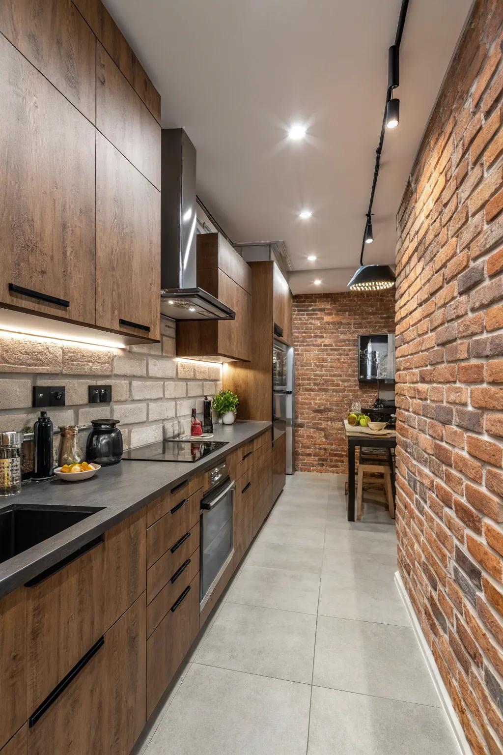 Simulated brick panels infuse your kitchen with industrial charm without the clutter.