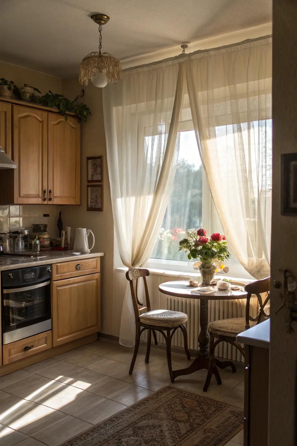 Sheer panels create an open and airy kitchen environment.