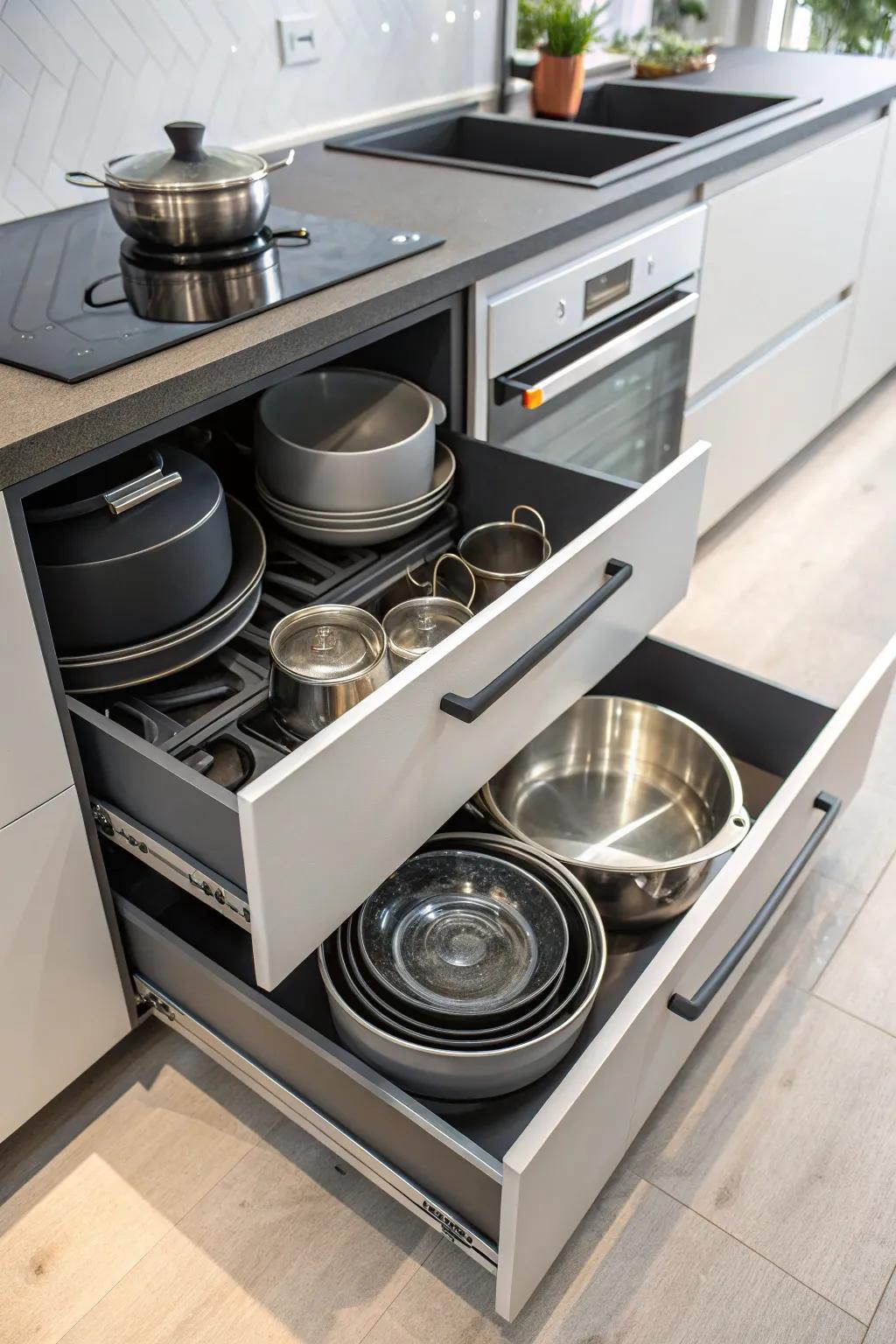 Store wide cooking tools resourcefully with roomy drawers.