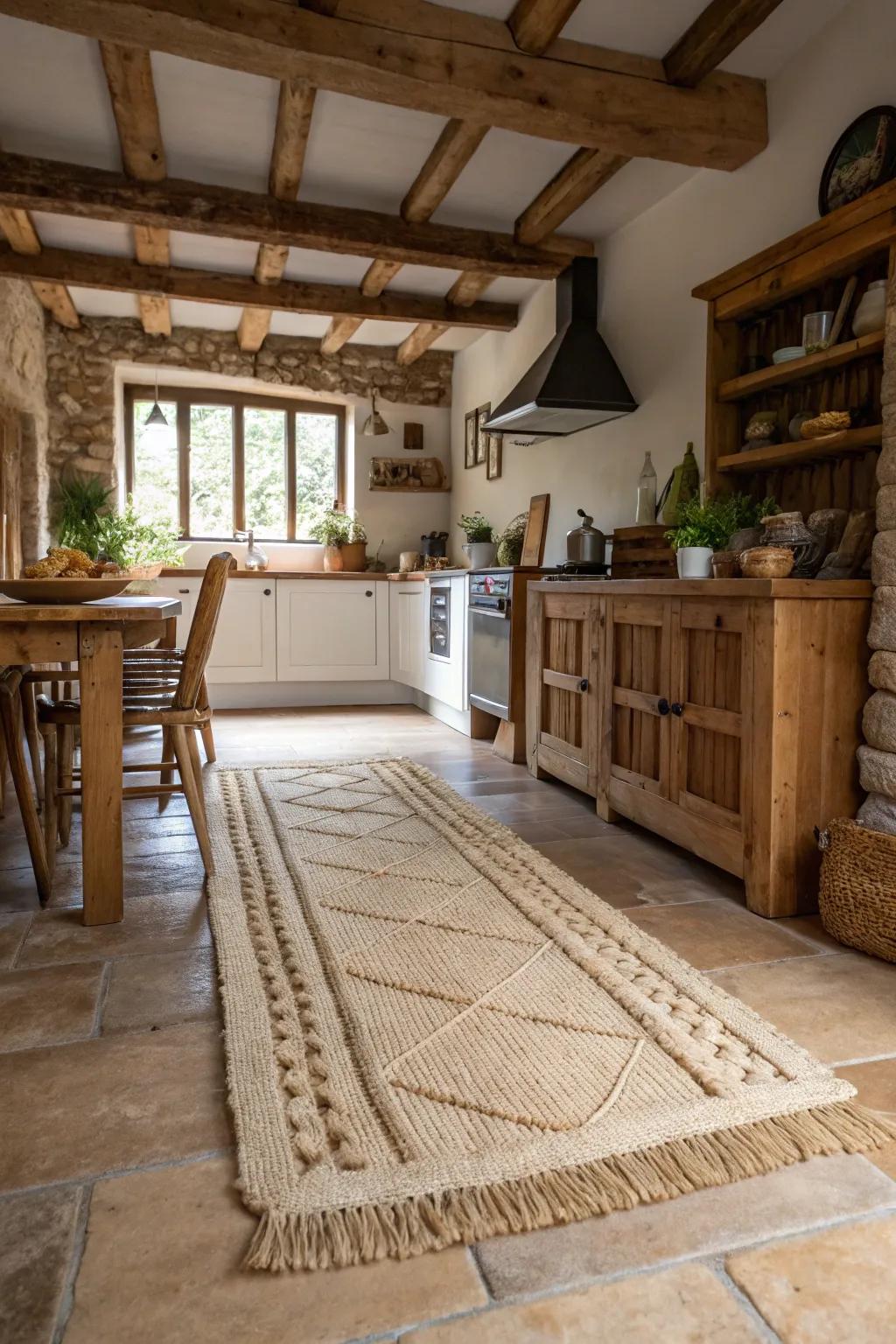 Rugs made of natural fibers add texture and a rustic charm to kitchens.