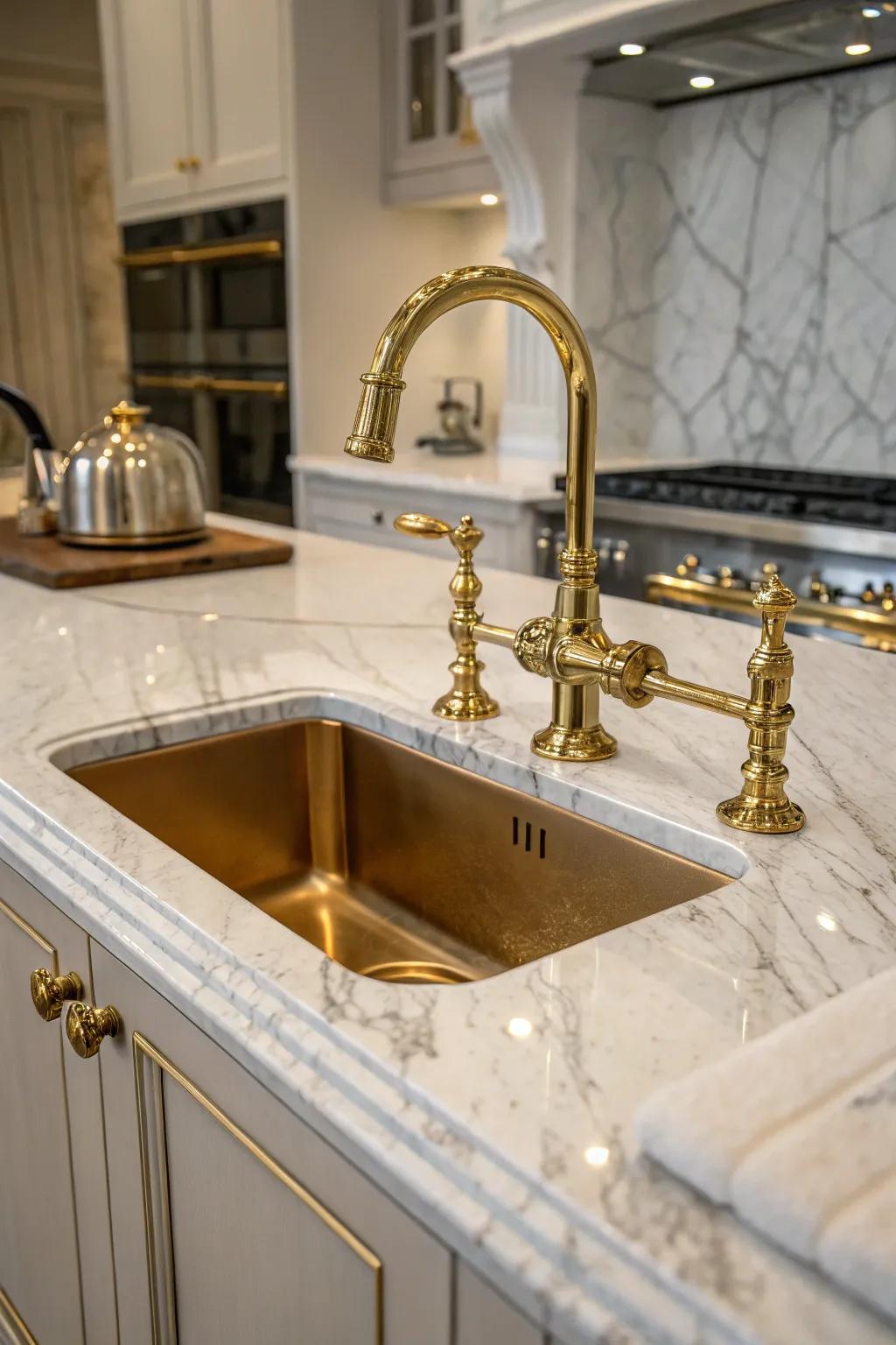 A luxurious kitchen sink adorned with elegant metal fixtures.