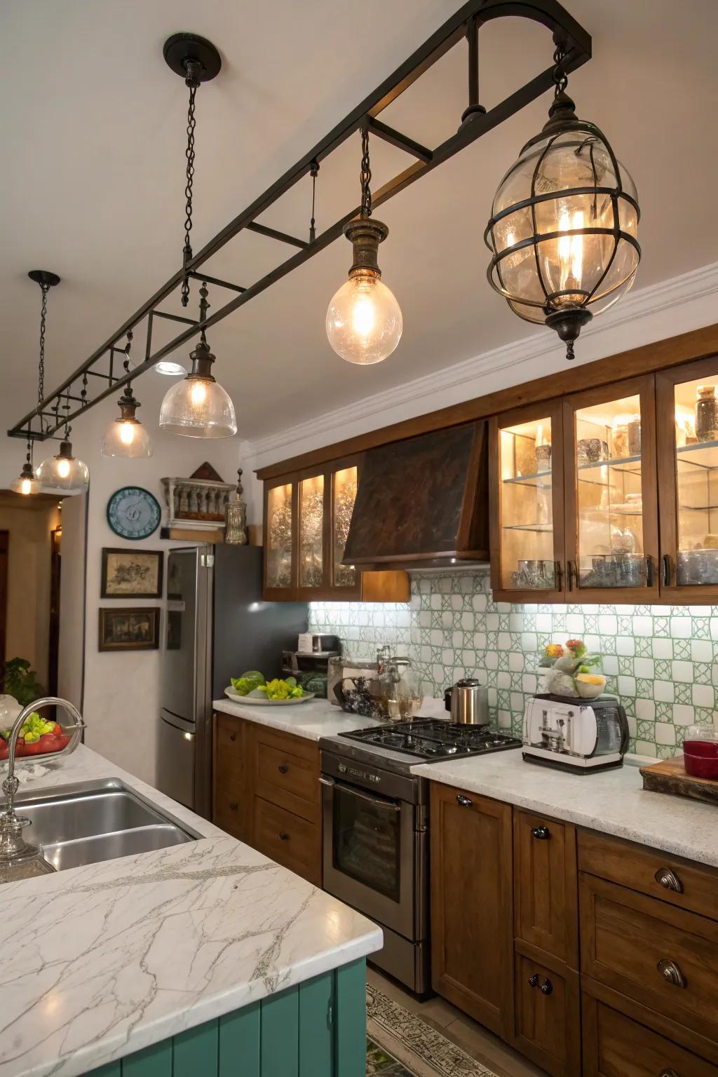 Produce visual interest through an assortment of textures in rail lighting.