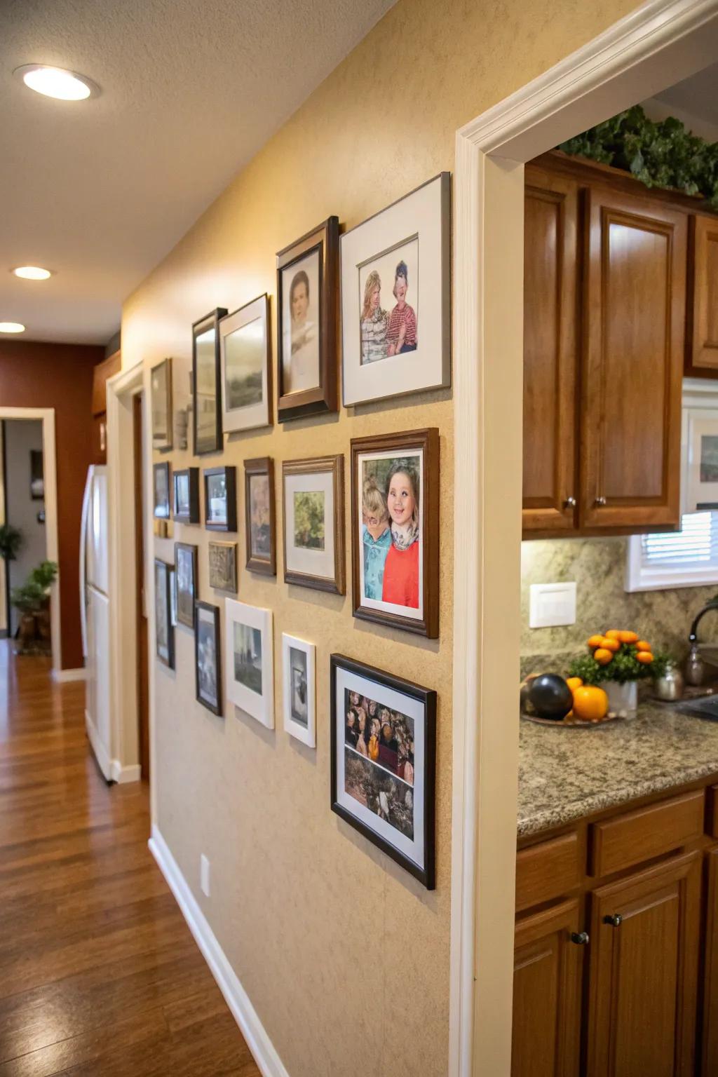A kitchen wall featuring a photo display of encased family pictures, adding a personal touch.
