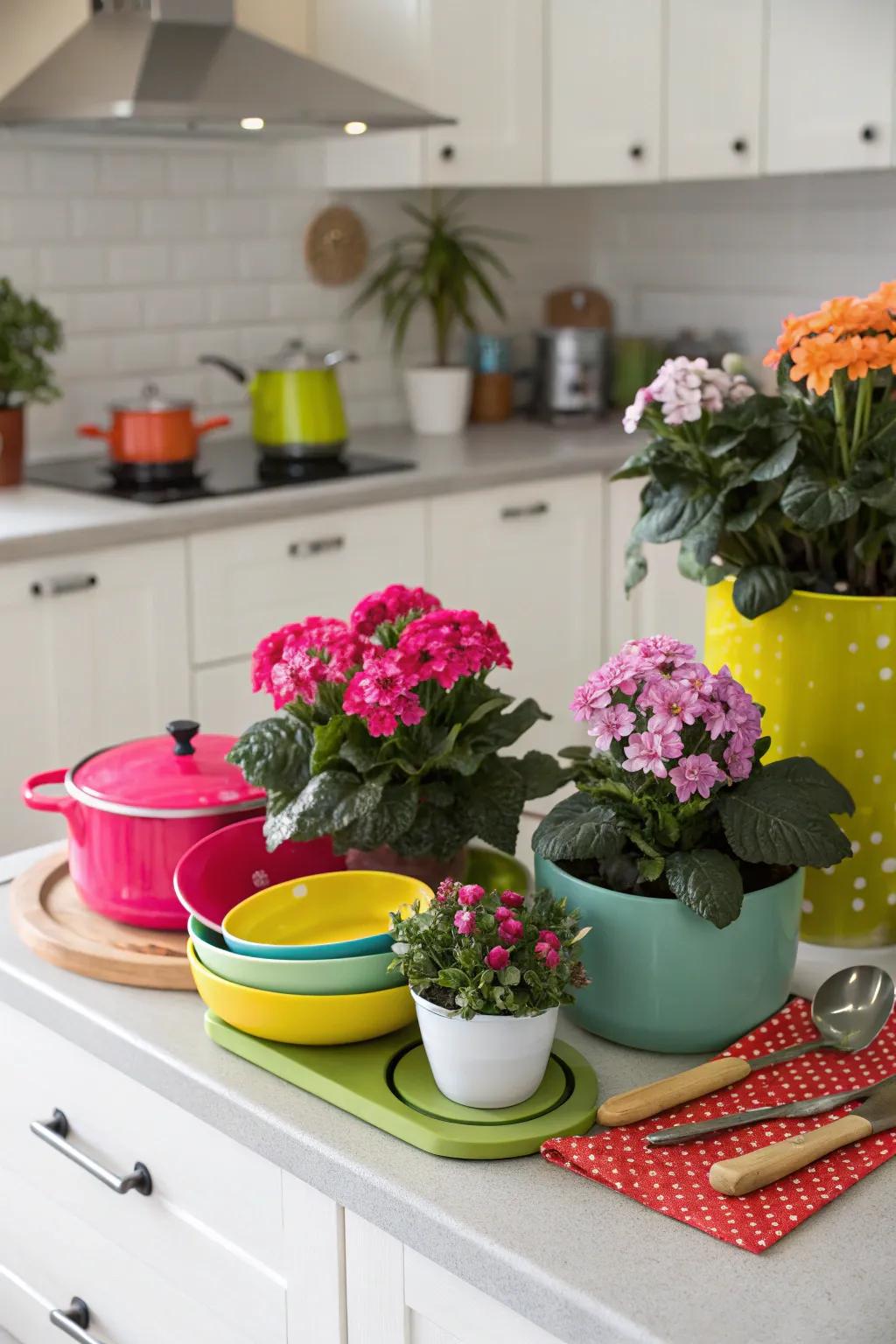Develop a lively work surface arrangement with grouped plants.
