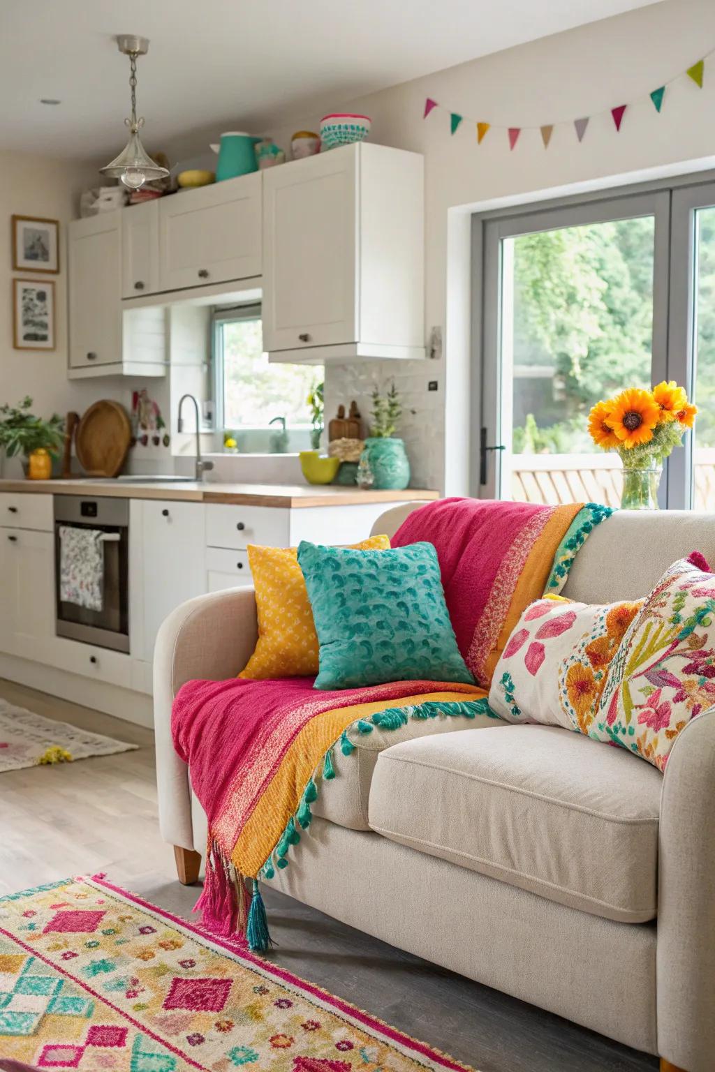 A kitchen sofa space decorated with bright cushions and throws, injecting a lively burst of color.