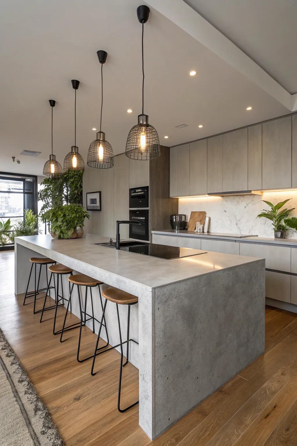 A cooking area lit by elegant hanging lights above cement worktops.