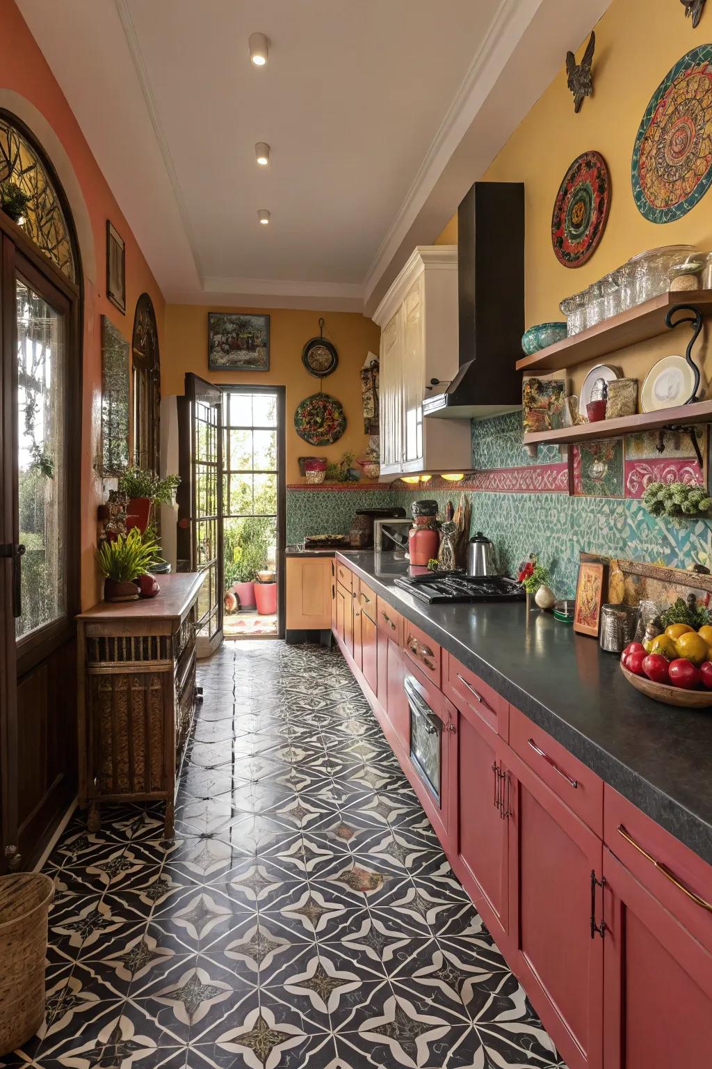 Artwork tile floors exuding personality in this eclectic kitchen setting.