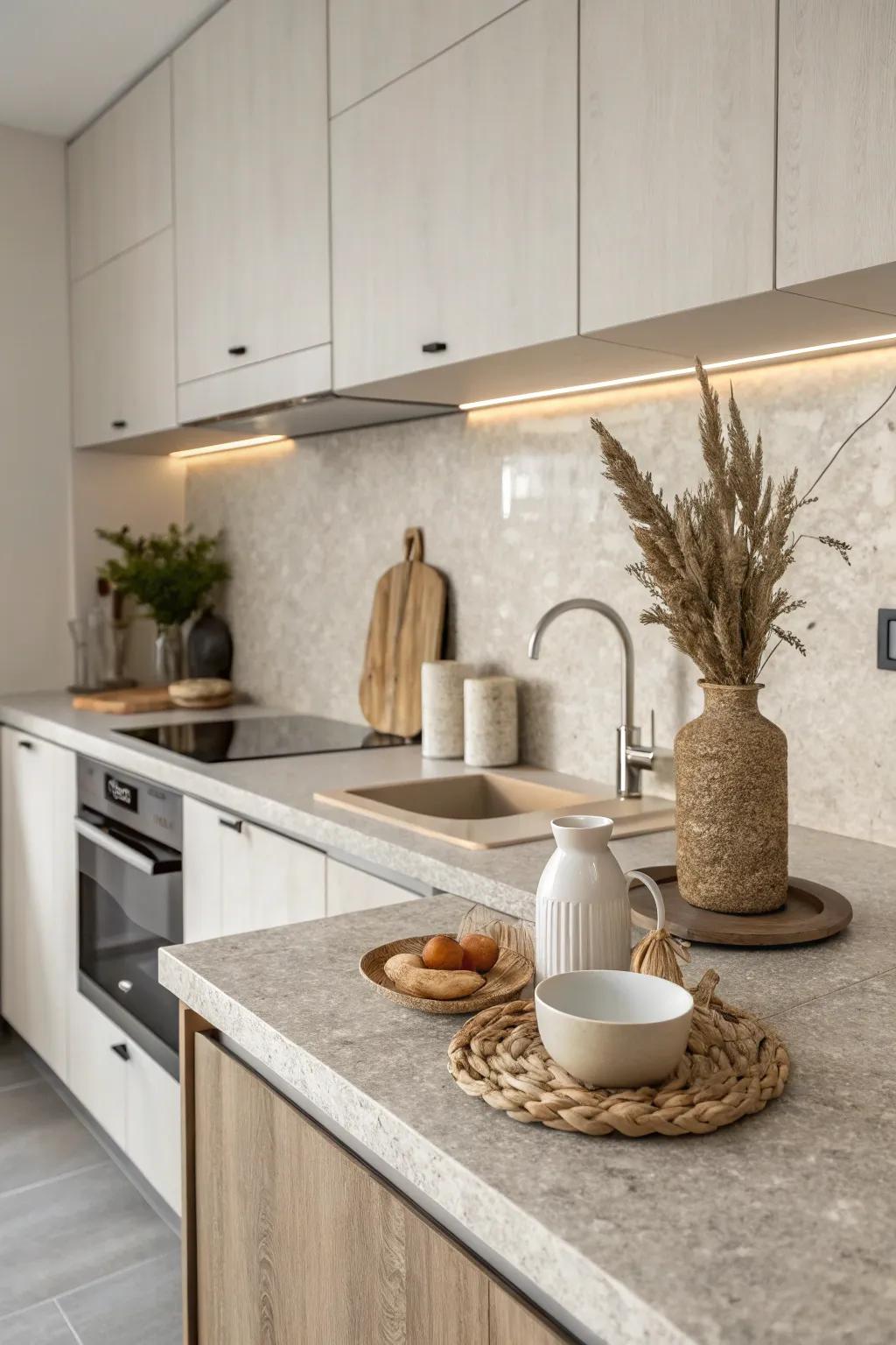 Stone-textured surfaces provide an understated yet refined cooking surface.