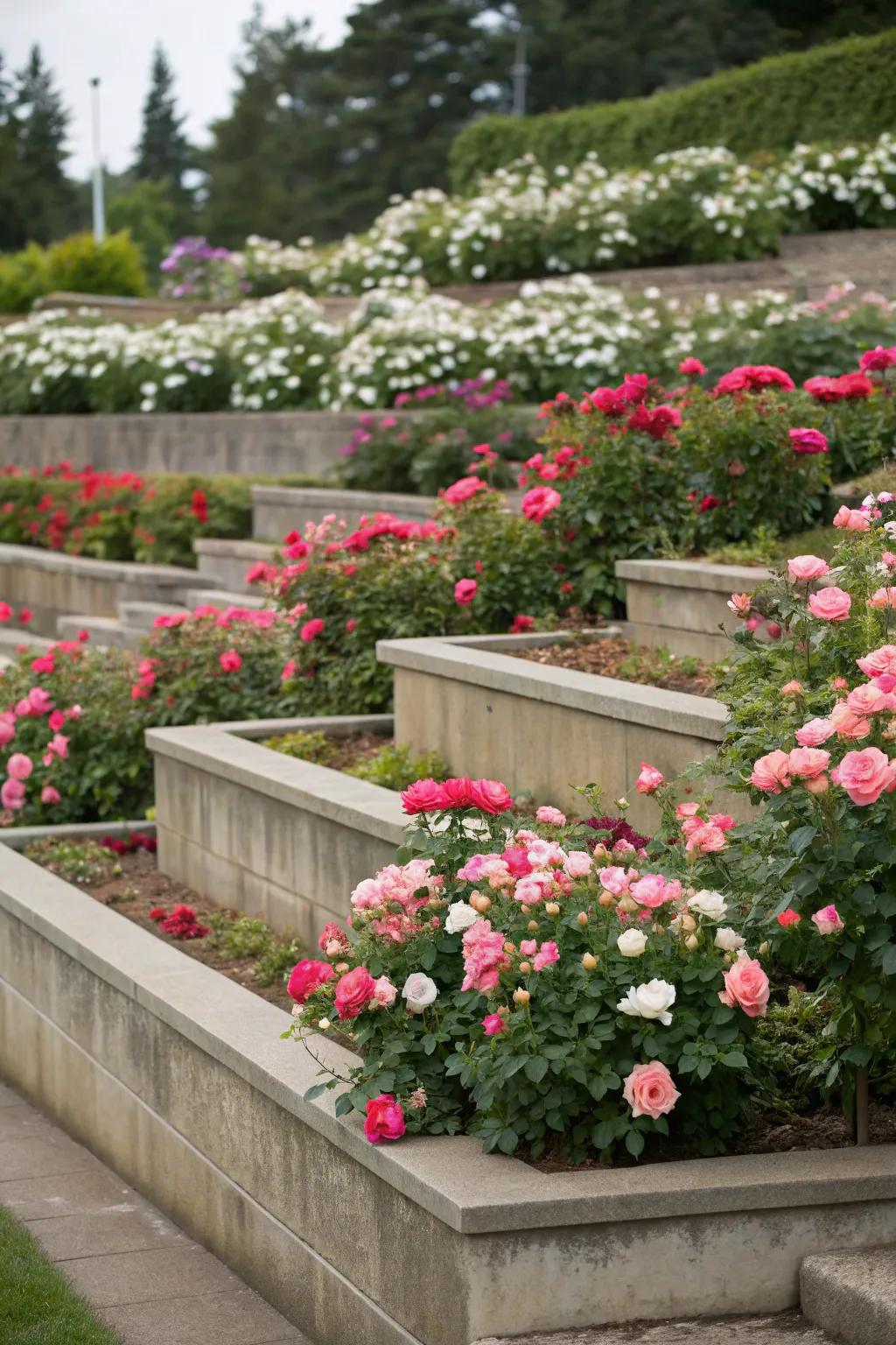Tiered gardens with radiant roses make the landscape more dimensional.
