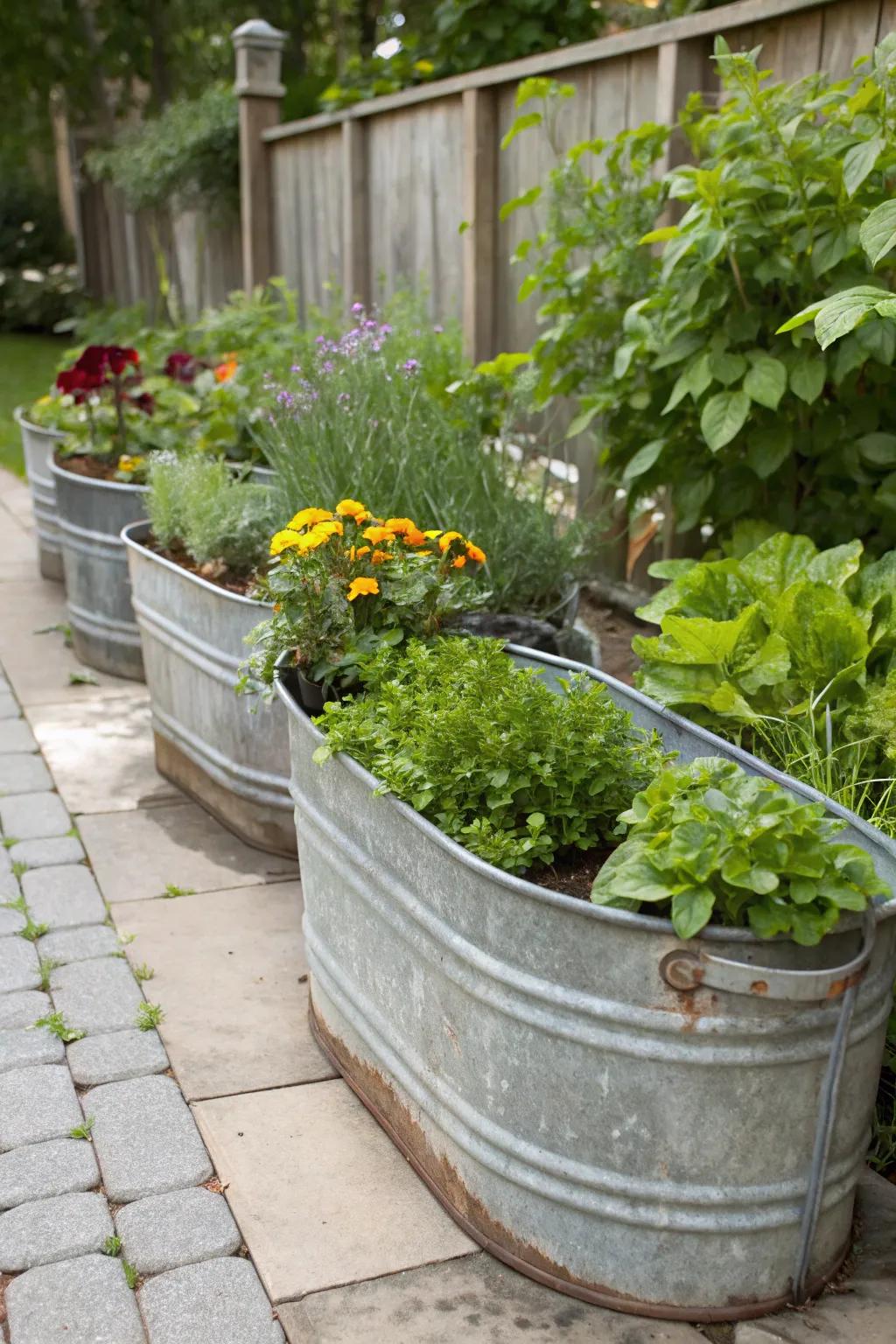 Shiny steel containers add a country feel and usefulness to your garden.