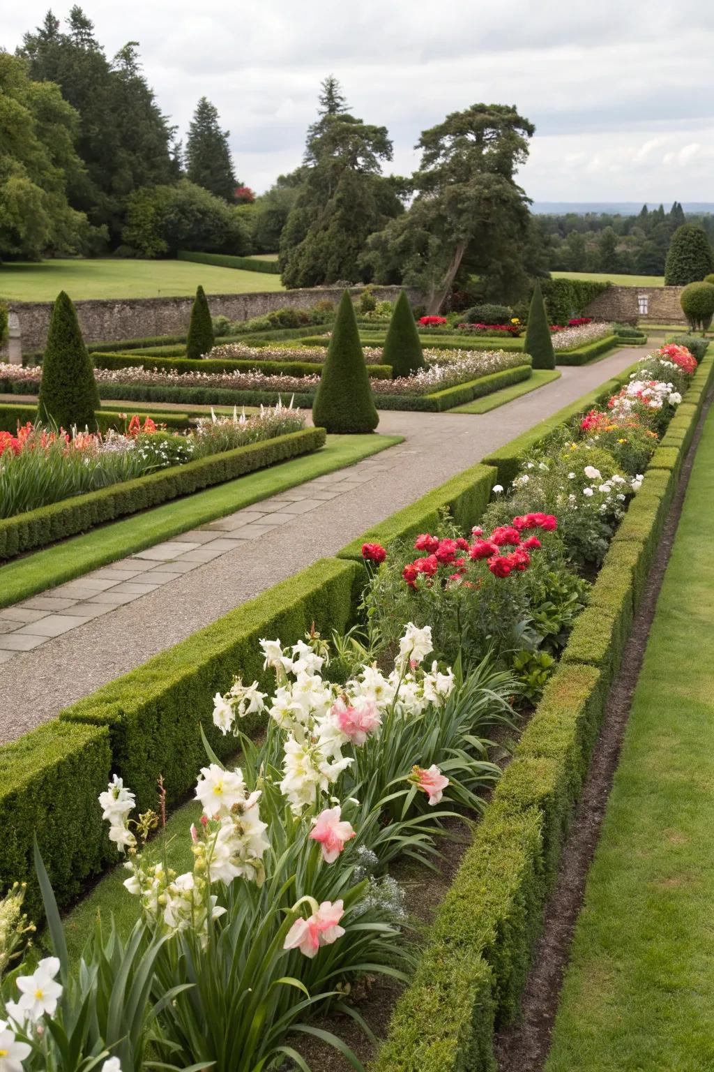 A neat flower bed with gladiolus.