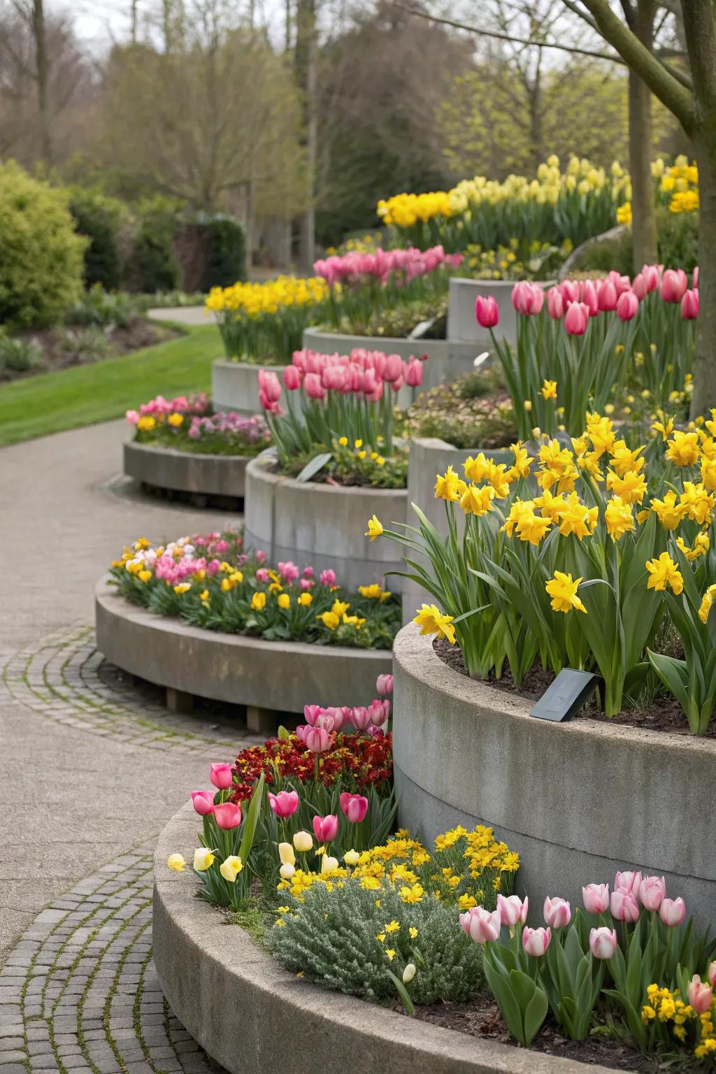 Bloomglows and sunshines in raised planters, establishing a remarkable visual centerpiece.