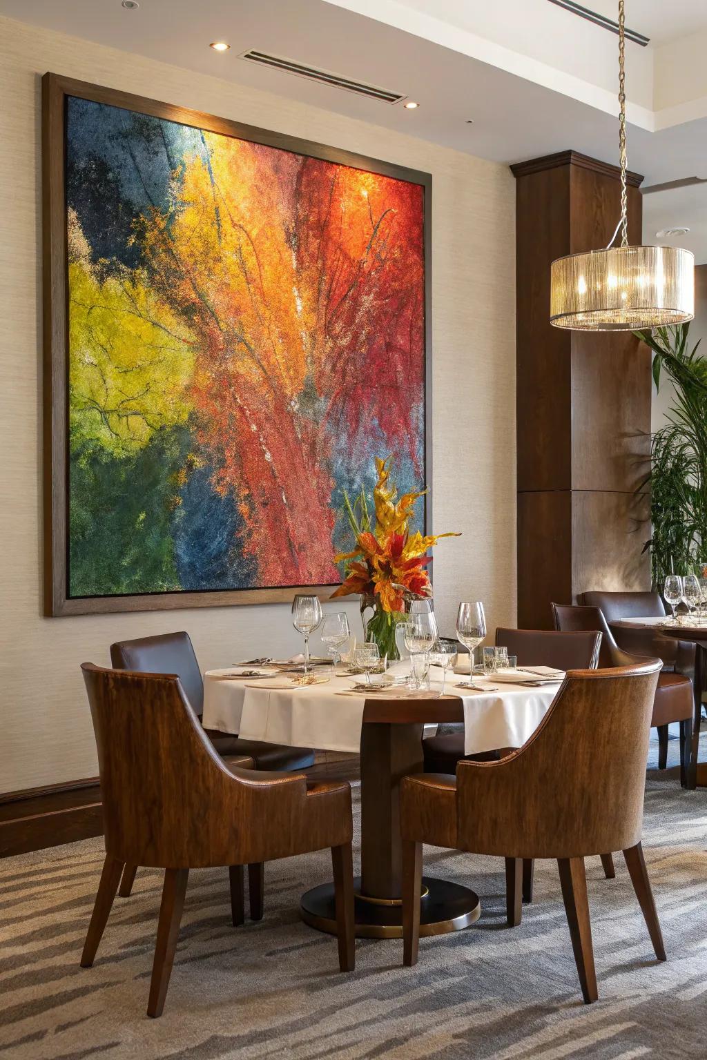 A textured, radiant painting invigorates the dining space with its active energy.
