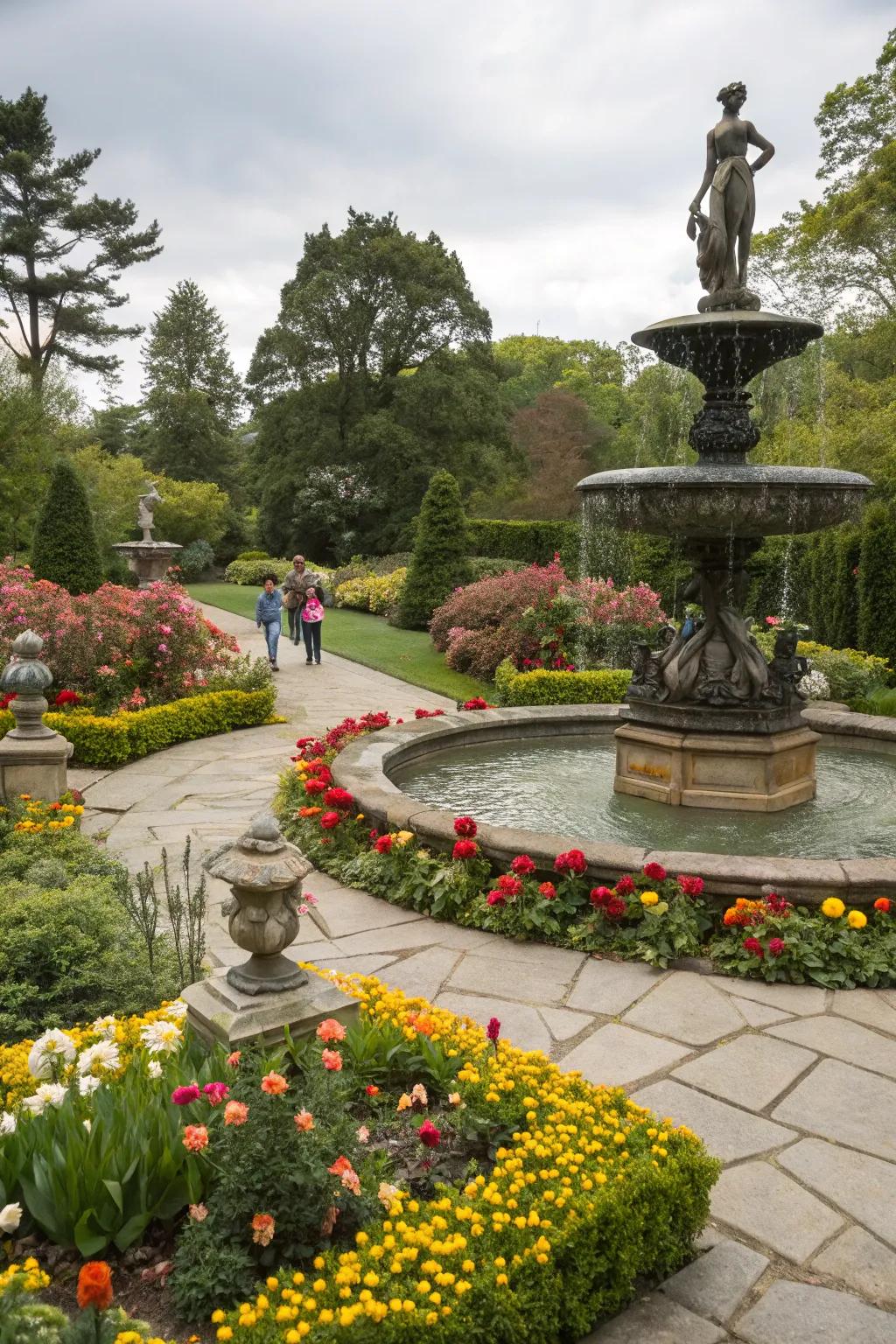 An ornamental fountain and sculptures add charm to the garden.