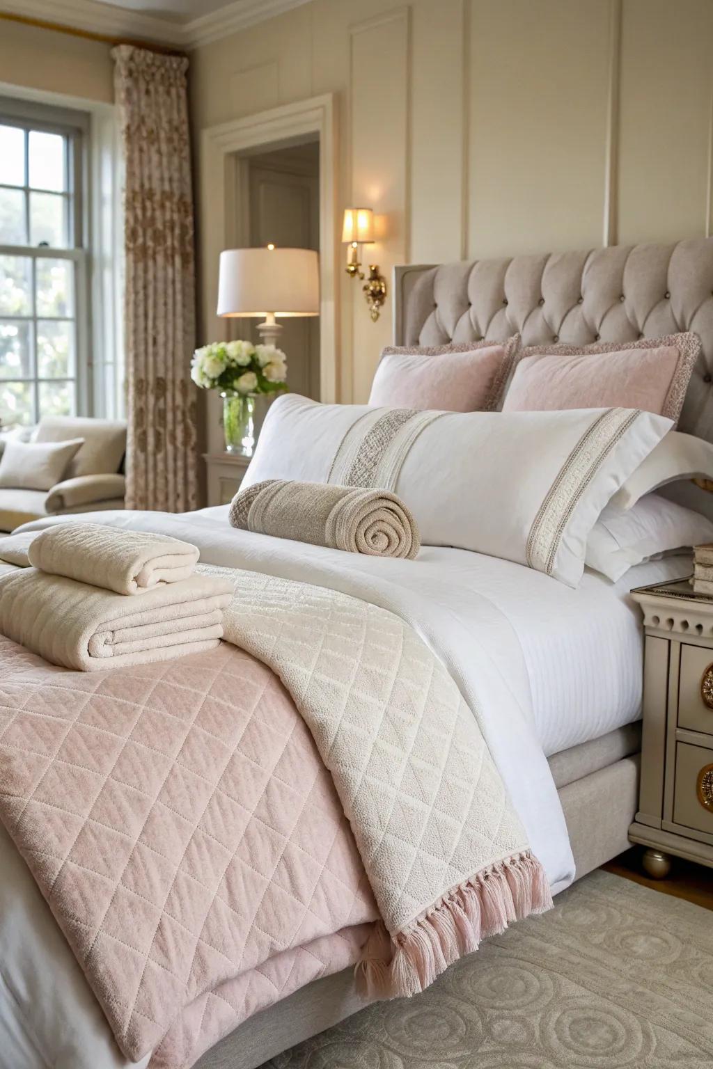 Luxurious bedding adds comfort and elegance to the bedroom.