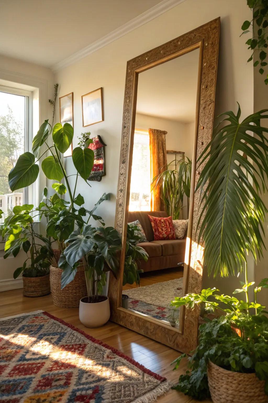 The flora and mirrors in this living room create a light, natural mood.