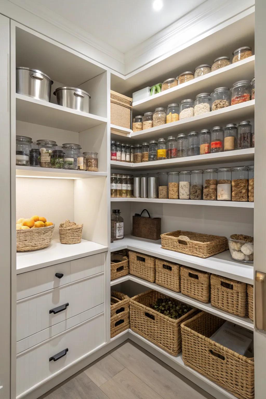 Open shelving adds style and accessibility to your pantry.