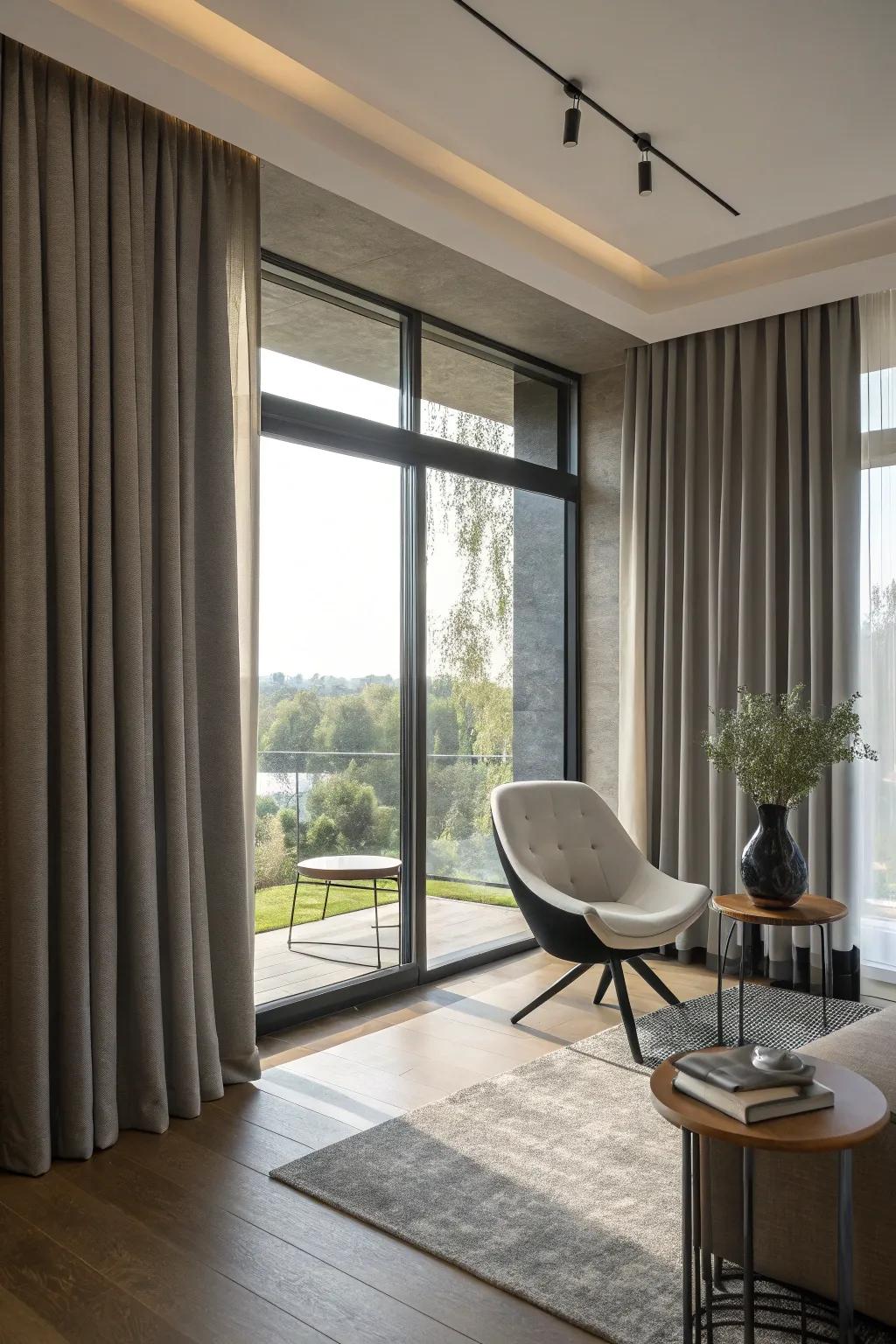 Metallic ringed curtains add a modern flair.