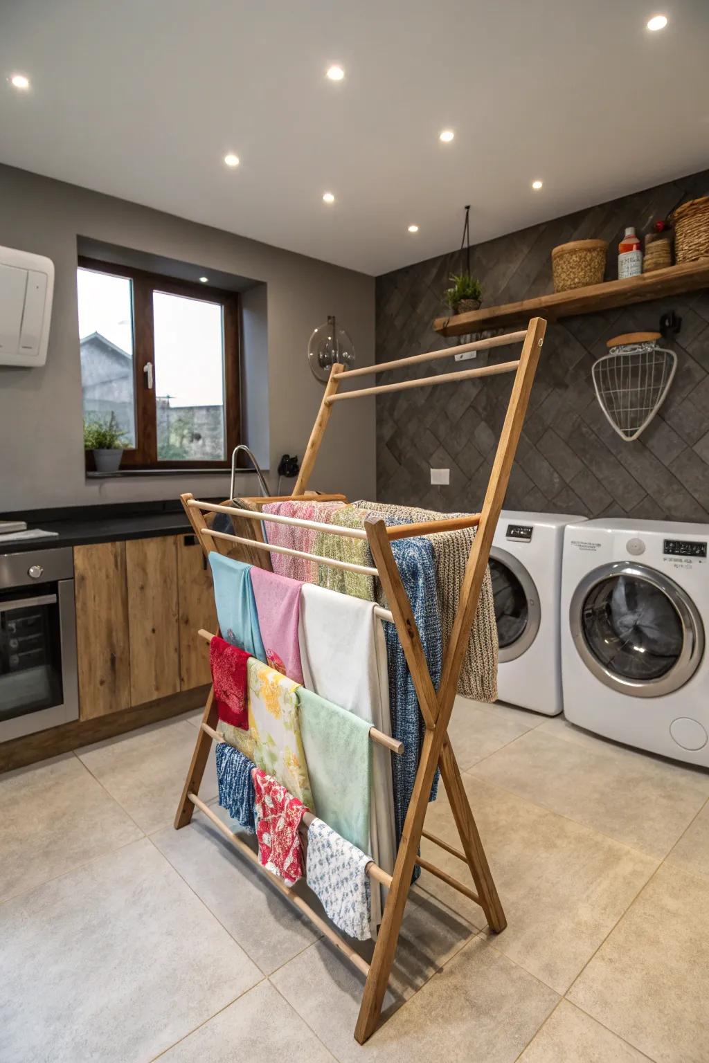 A natural wood drying rack bringing warmth to a modern laundry space.