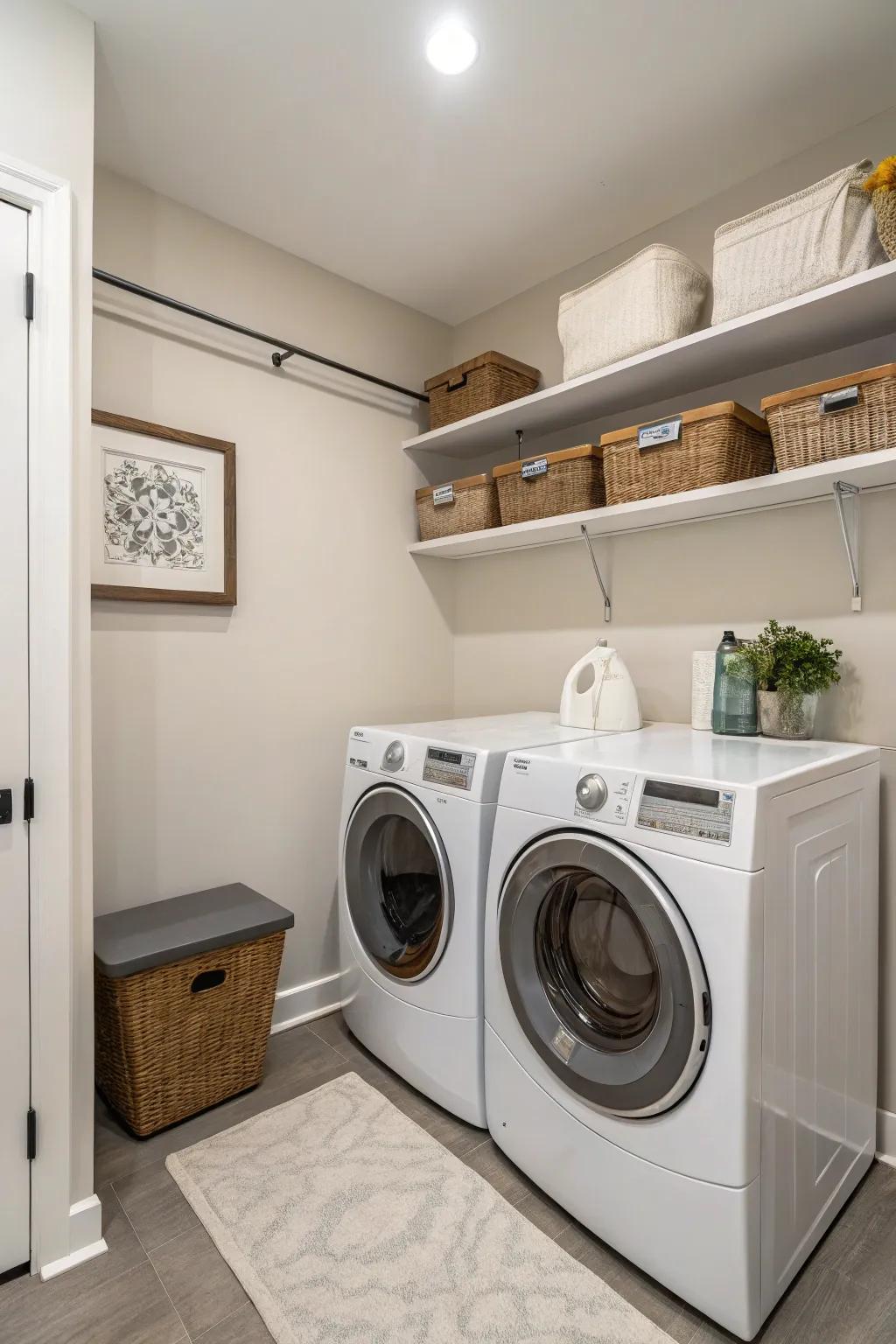 Neutral hues make for a serene and welcoming laundry space.
