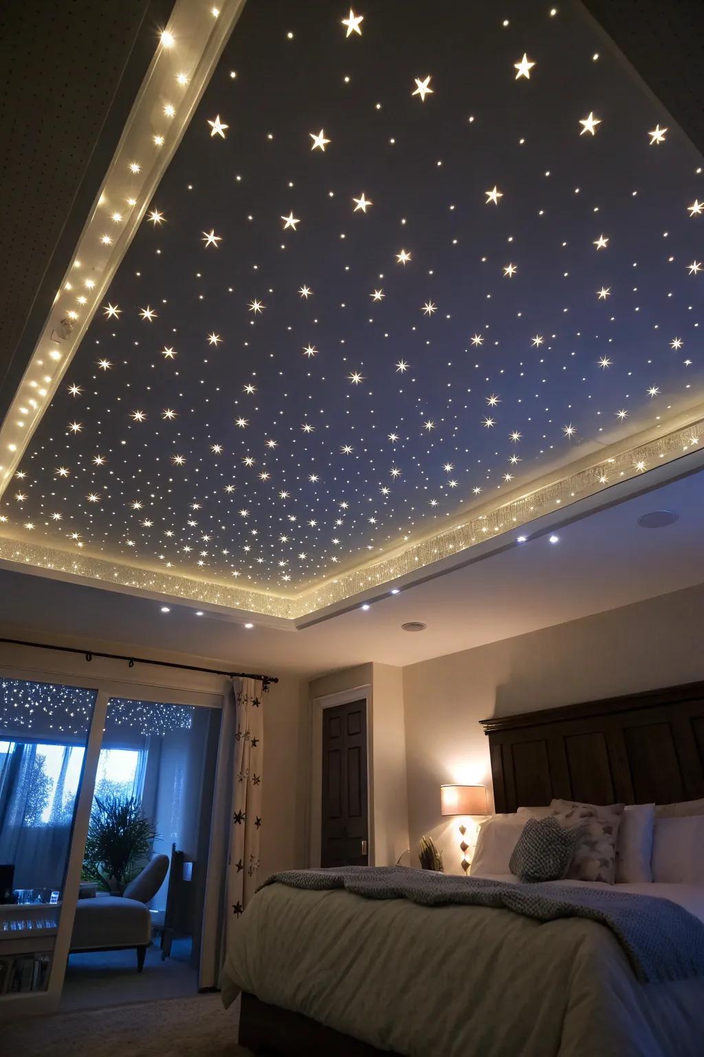 A ceiling is decorated with <strong><em>LED</em></strong> strips to create the illusion of a starry night.” loading=”lazy” class=”pimg”>
	</picture><figcaption>A ceiling is decorated with <strong><em>LED</em></strong> strips to create the illusion of a starry night.</figcaption></figure>
<p>Use <strong><em>LED</em></strong> strips to turn your ceiling into a starry sky and create a dreamy, peaceful atmosphere. This concept evokes feelings of happiness and amazement, turning a bedroom into a tranquil haven.</p>
<h3>Items that may come in handy:</h3>
<ul class=