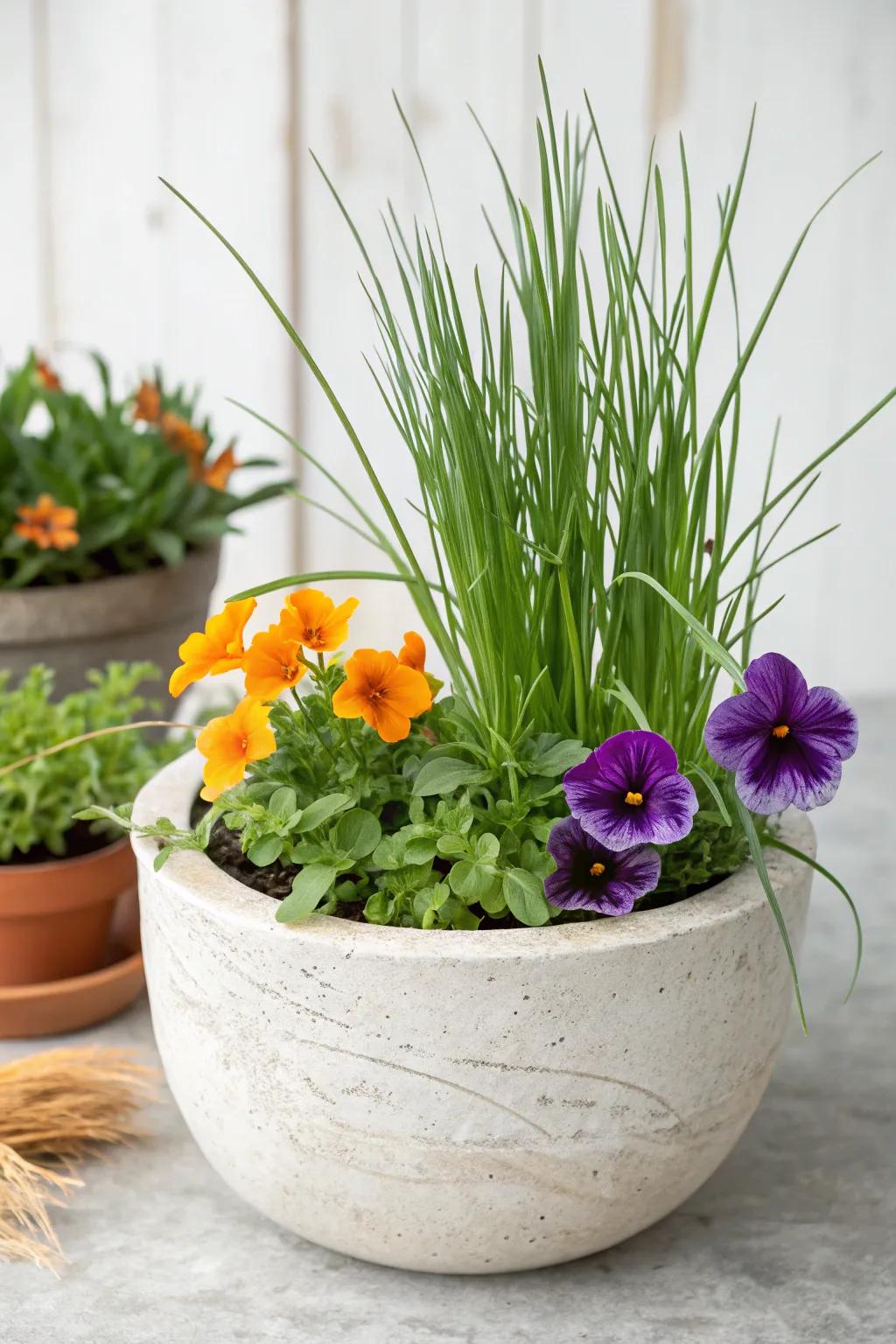 Elevate your garden with a delightful harmonious arrangement: lemon balm, petunias, and marigolds in perfect concert.