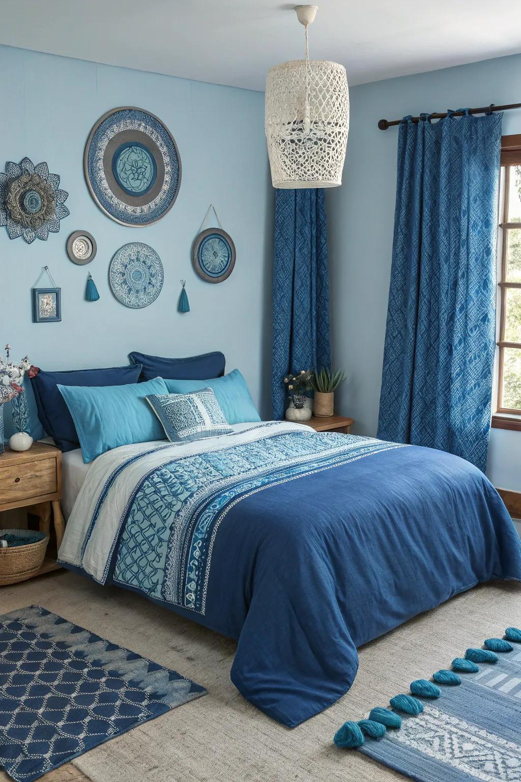 A sleeping quarter exhibits multiple shades of blue, establishing a cohesive and visually appealing design.