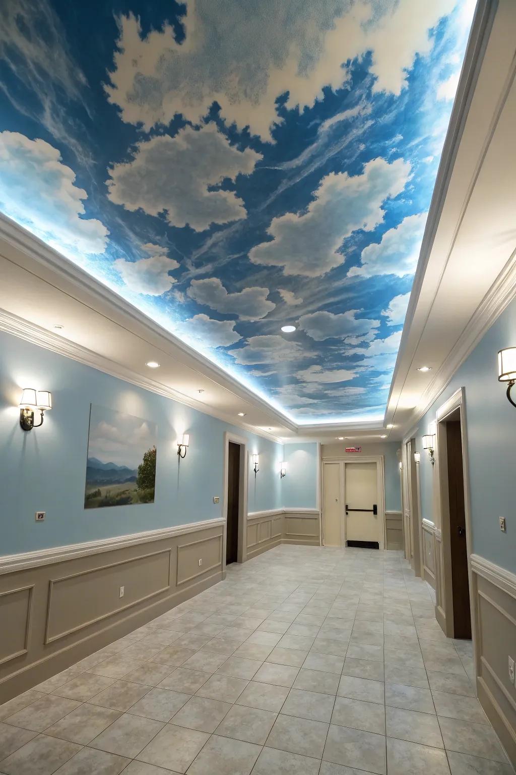 An artistic rendering of an open sky on a sky-blue ceiling, creating an airy ambiance.