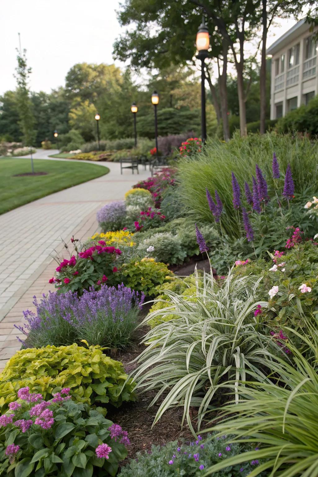 A balanced mix of ribbon grass, shrubs, and flowers creating a lively garden.