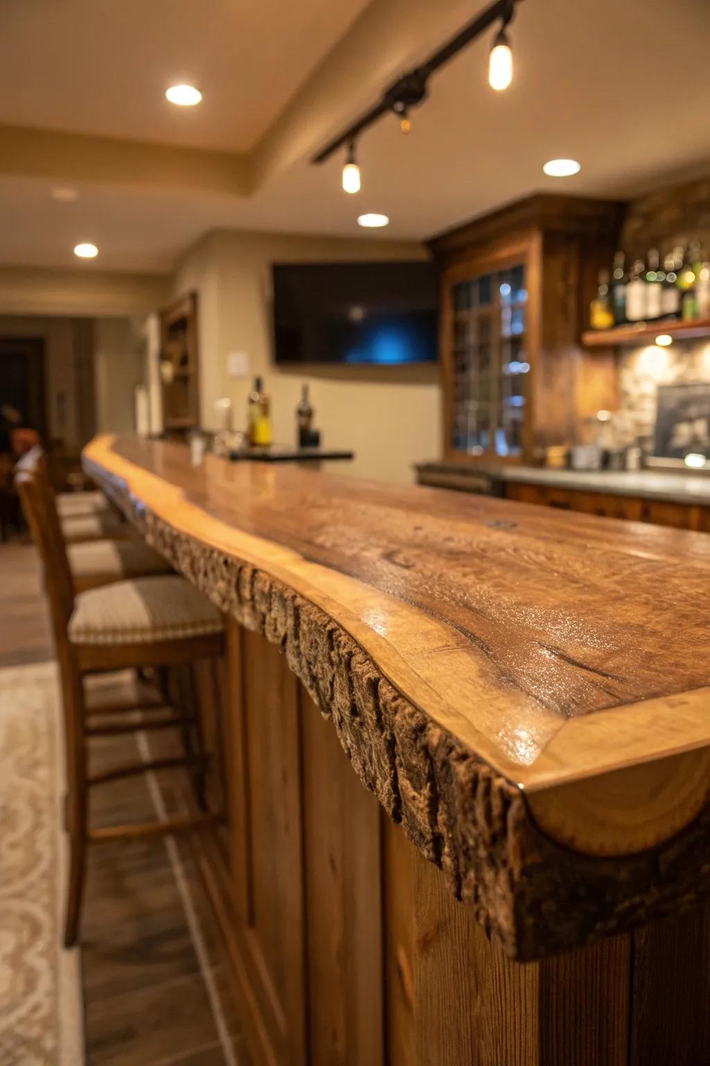 A warm-toned live edge bar gives a cozy touch to any home design.
