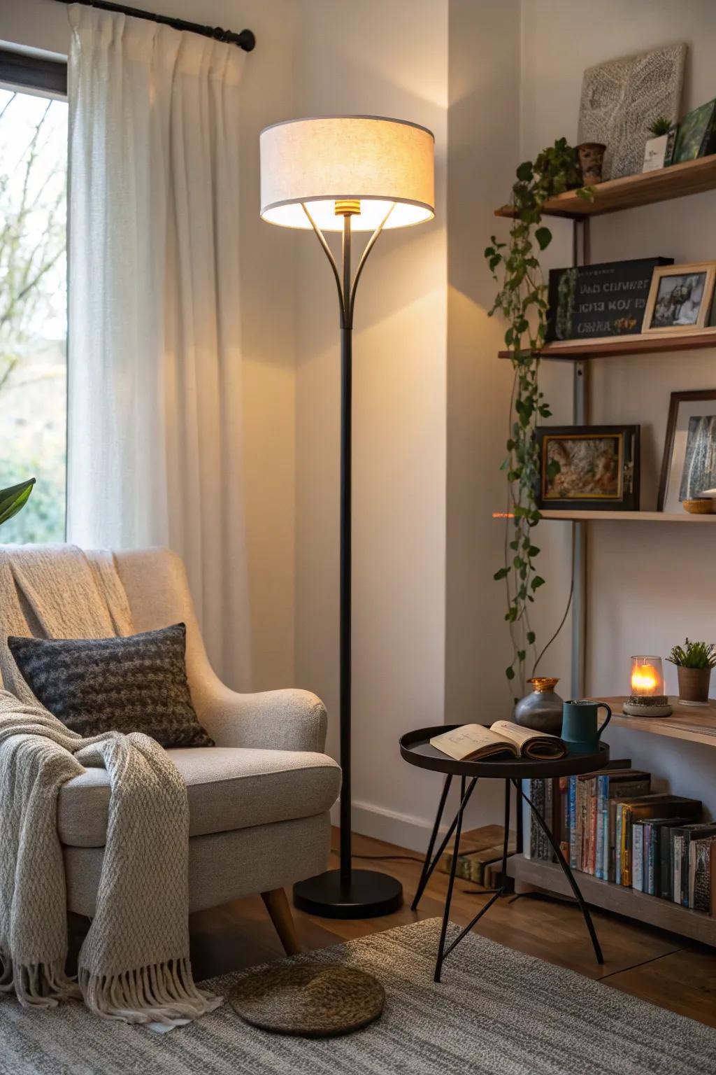 A floor lamp acts as a light source and a decorative feature.