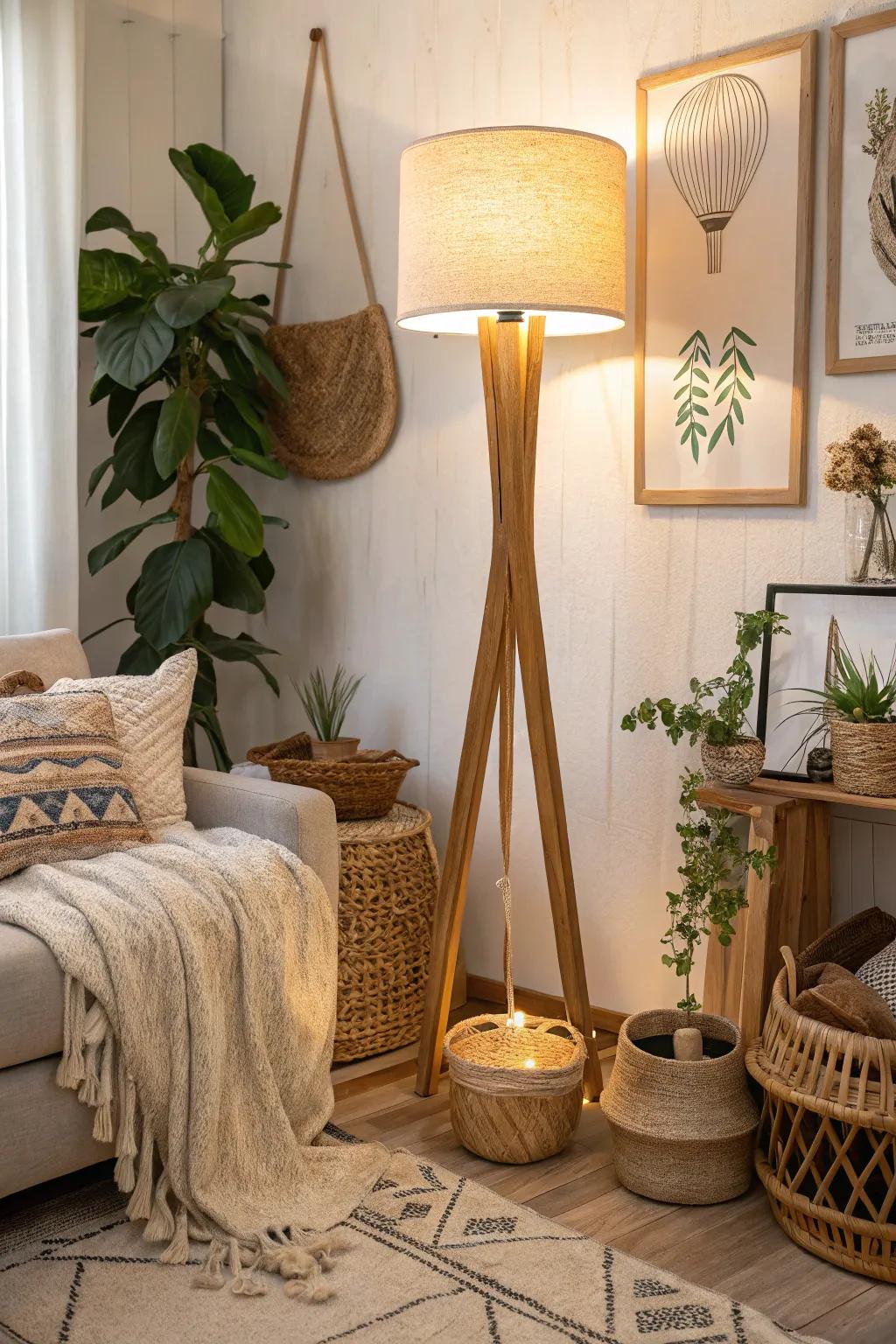 A cozy living room featuring a wooden floor lamp with natural decor elements.