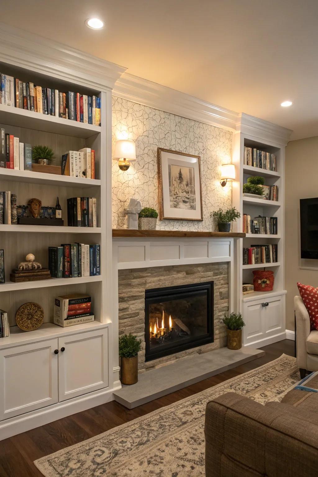 Integrated shelving surrounding a fireplace for both style and storage.