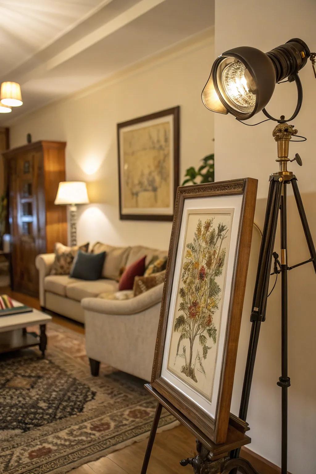 Highlight lighting draws attention to the artwork in this lounge.