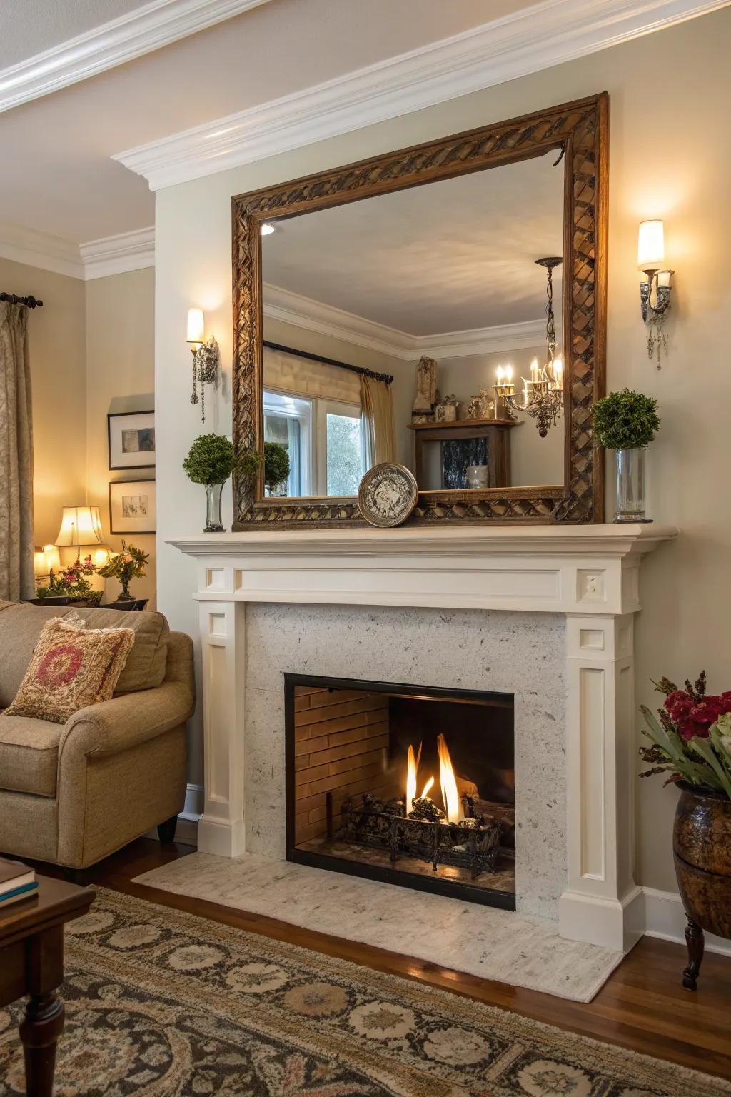 A reflector above the mantel lends charm and draws focus to your hearth.