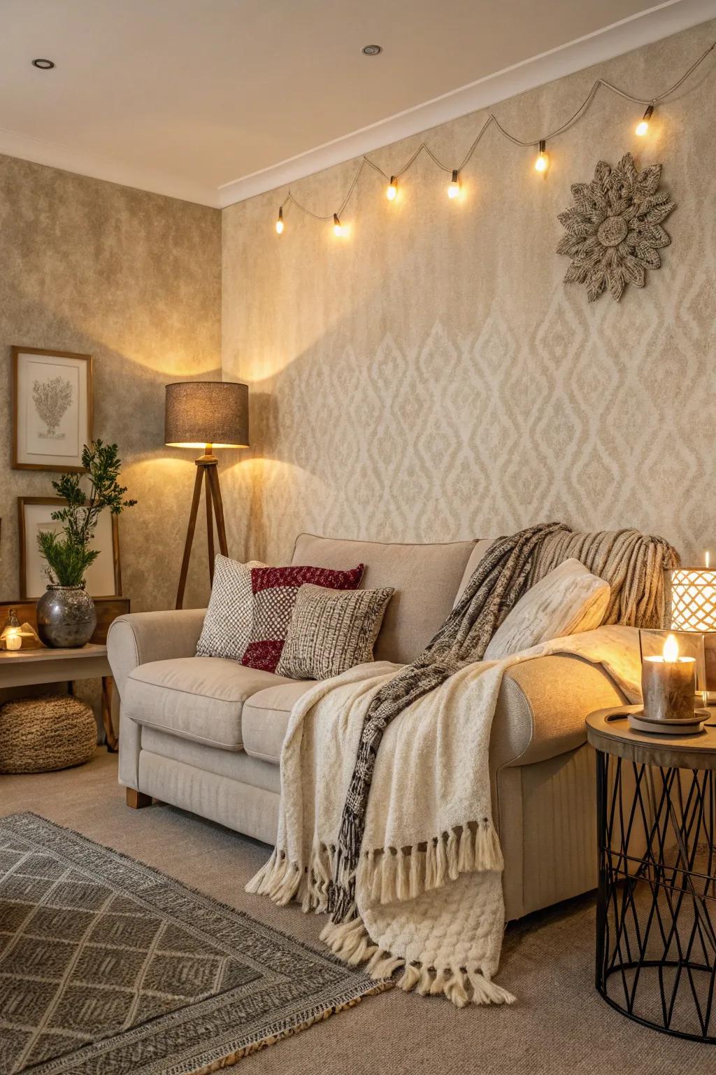 Structured walls introduce depth and coziness.