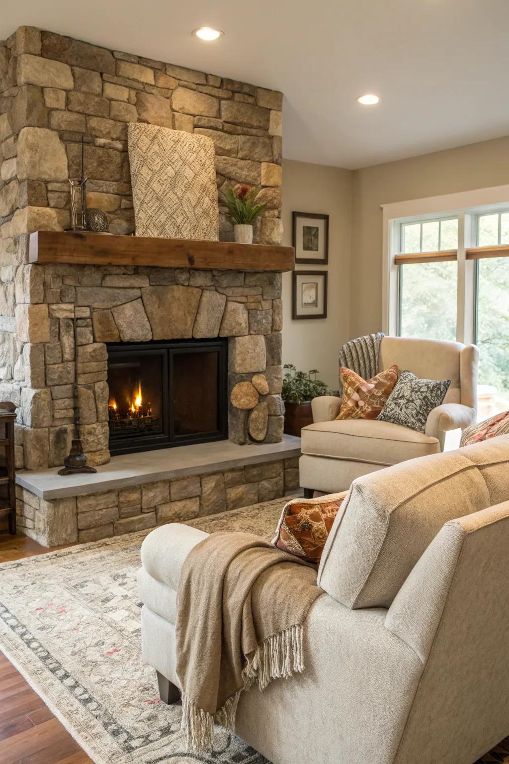 Your fireplace gains depth and individuality from textured stones.